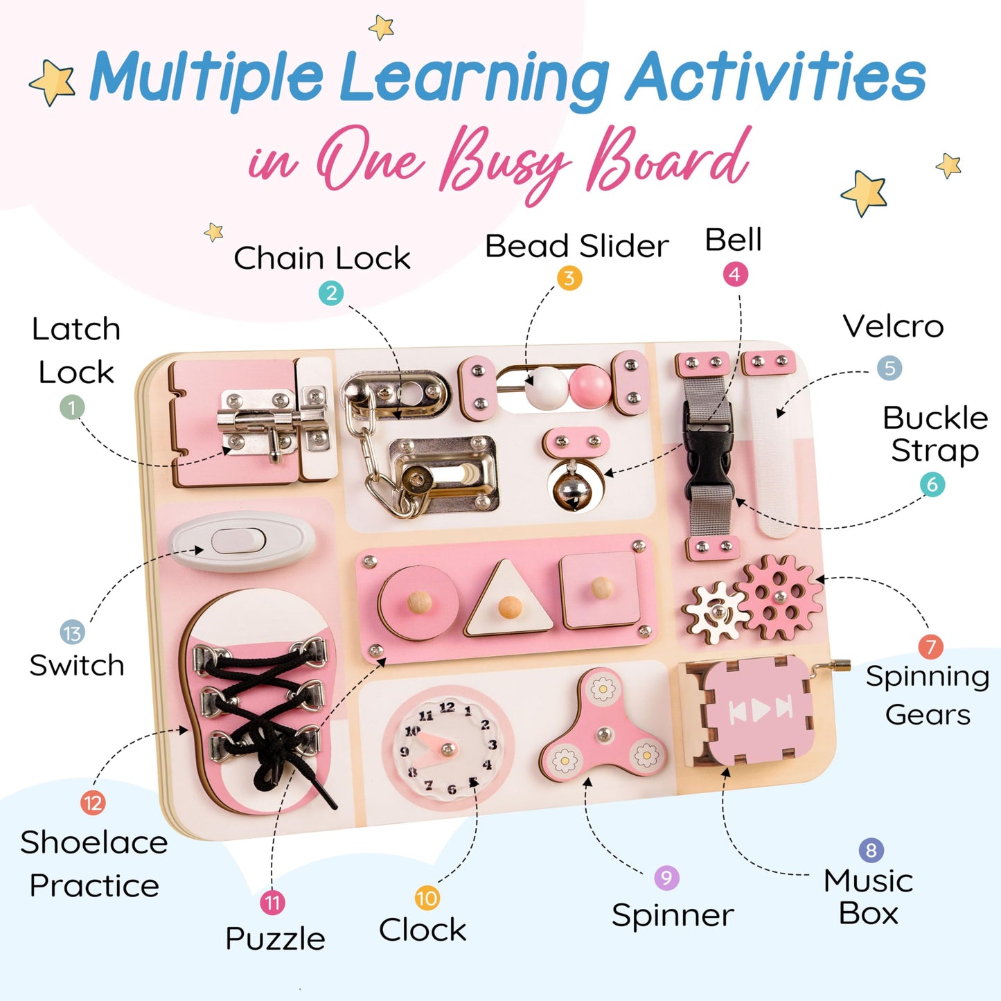 Montessori Busy Board for Baby & Toddlers 1-3 - Wooden Sensory Activity Board with 13 Activities, Real Metal Locks & Latches - Fine Motor Skills Educational Toy for 1 2 3 Year Old - Travel Friendly