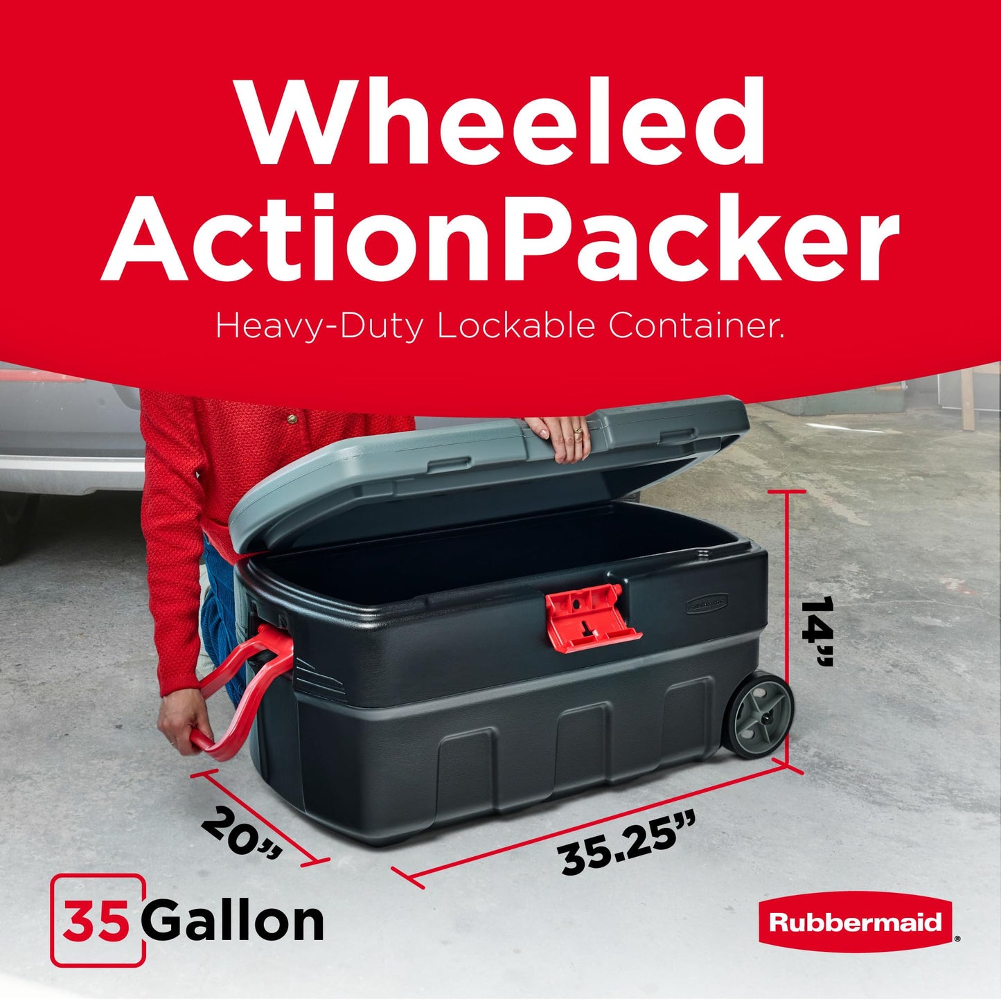 Rubbermaid ActionPacker 35 Gallon, Made in USA, Lockable Plastic Storage Bin with Lid and Wheels- Outdoor, Industrial, Rugged, Camping Gear and Truck Bed Storage - Gray and Black