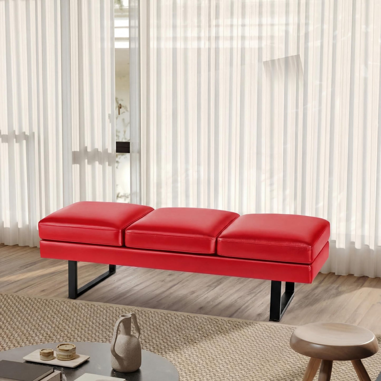 Shahoo 3 Seats Faux Leather Reception Bench, 60 Inches Office Guest Chair with Heavy-Duty Metal Legs, Upholstered Waiting Room Chairs for Office,Conference & Living Room, Red
