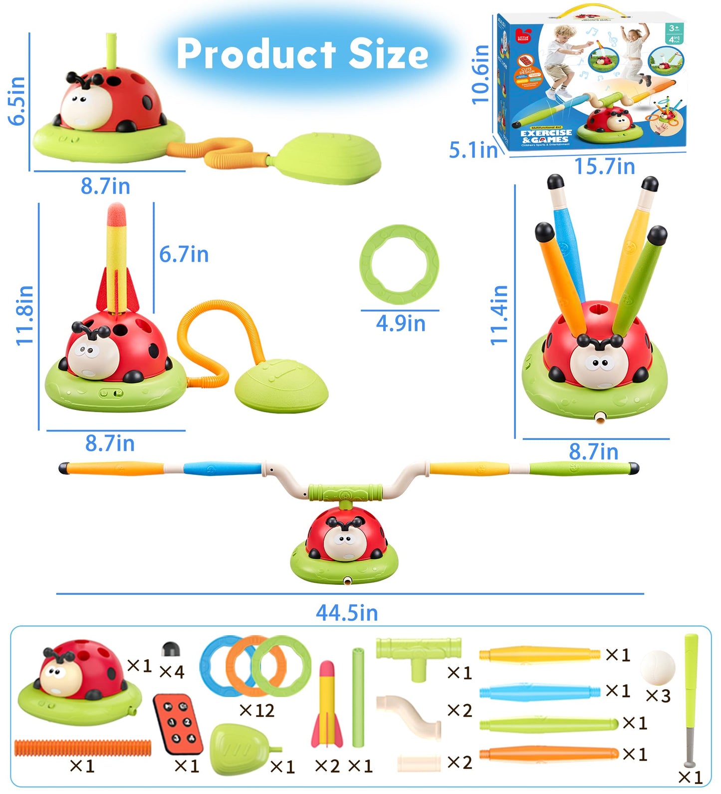 4 in 1 Musical Jump, Toss Ring Game, Baseball Toys and Stomping Launch Rocket Launcher for Kids Toys & Games with Remote, Indoor Outdoor Toys for Kids Ages 4-8 3-5 Baseball Party Favors Birthday Gift
