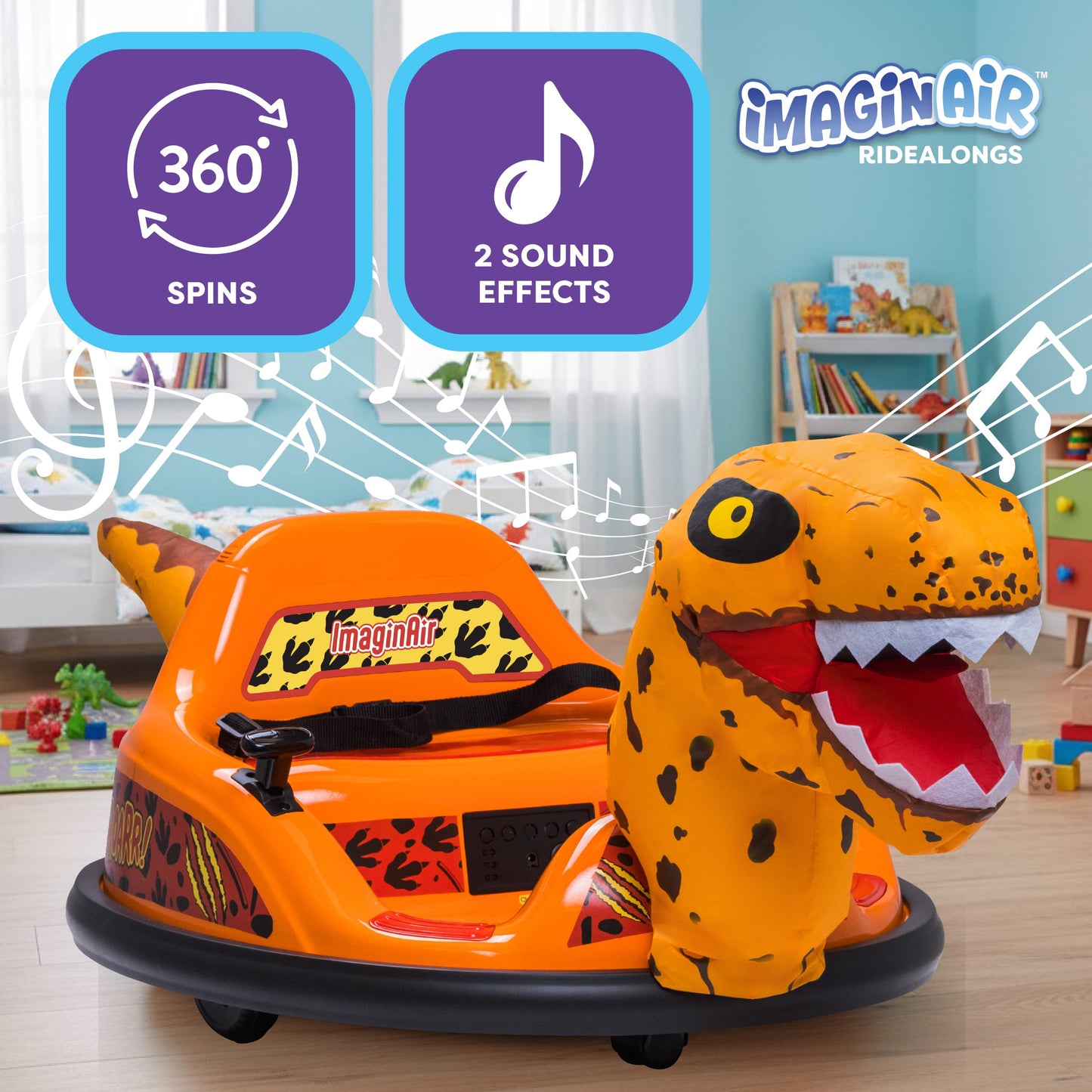 ImaginAir 6V Raptor Dinosaur Toys Bumper Car - Kids Car to Drive, Ride On Toy, Auto-Inflated, w/Music, Parent Remote Control, LED Lights, 360° Spin, 1 MPH, Max Weight of 66lbs, Age 1.5-4 Years