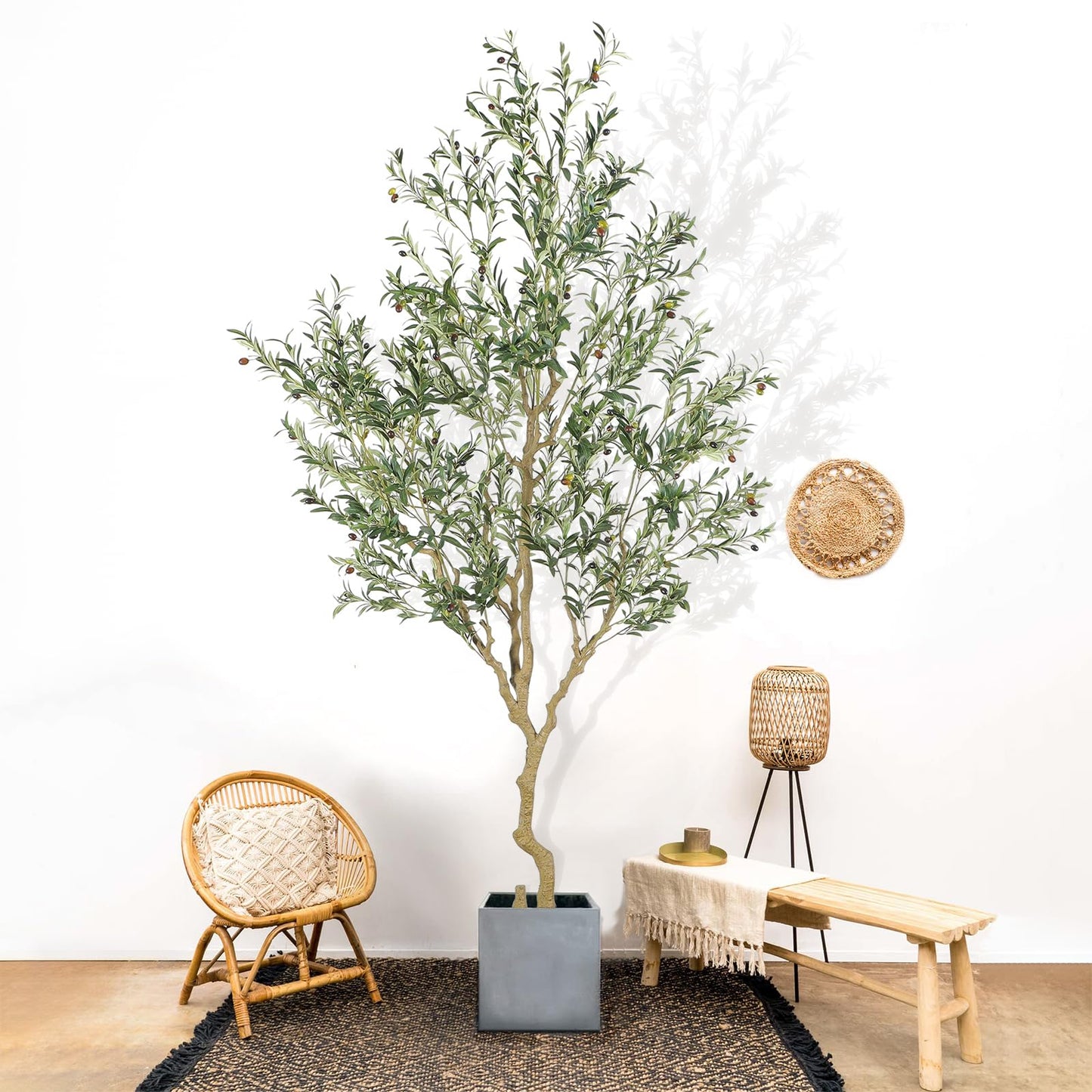 Nafresh Tall Faux Olive Tree,9ft(108in) Realistic Potted Silk Artificial Olive Tree, Fake Olive Trees Indoor with Green Leaves and Big Fruits for Home Office Living Room Stairs Patio Decor.