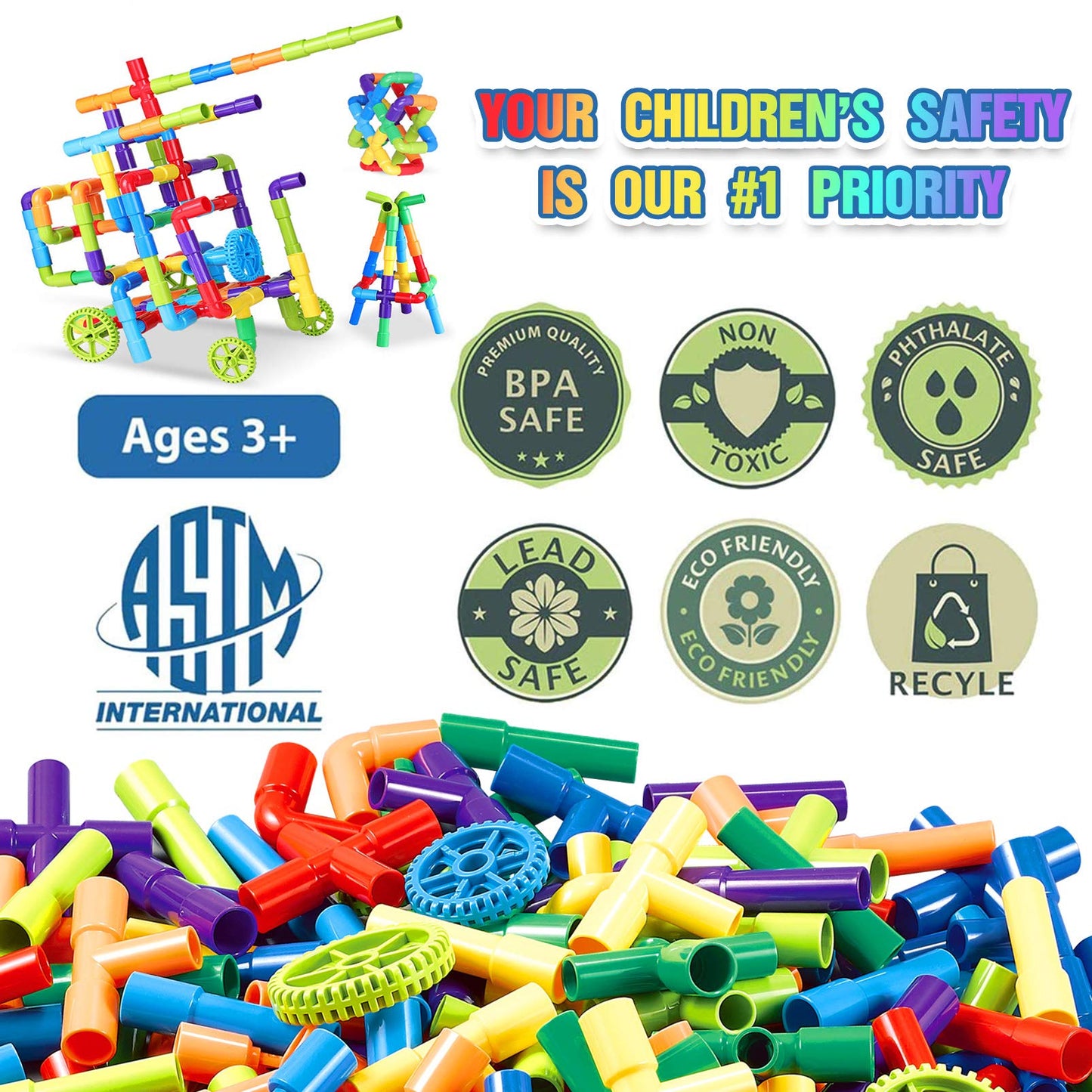 250PCS Pipe Tube Learning Toy for Toddlers, Educational STEM Bins for Classroom Preschool Building Toys, Montessori Interactive Autistic Sensory Toy, Xmas Birthday Gifts for All Ages Kids