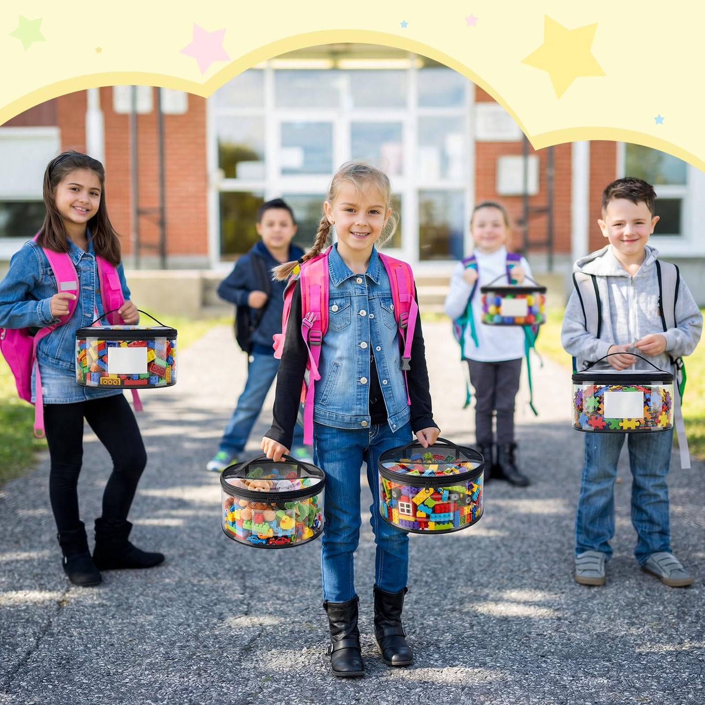 Sunnymove 6 Pcs Round Clear Toy Storage Bag with Handle PVC Cylinder Storage Bags with Label Pocket Waterproof Toys Organizer Bags for Building Blocks Puzzles & Game Pieces Portable Toy Tote