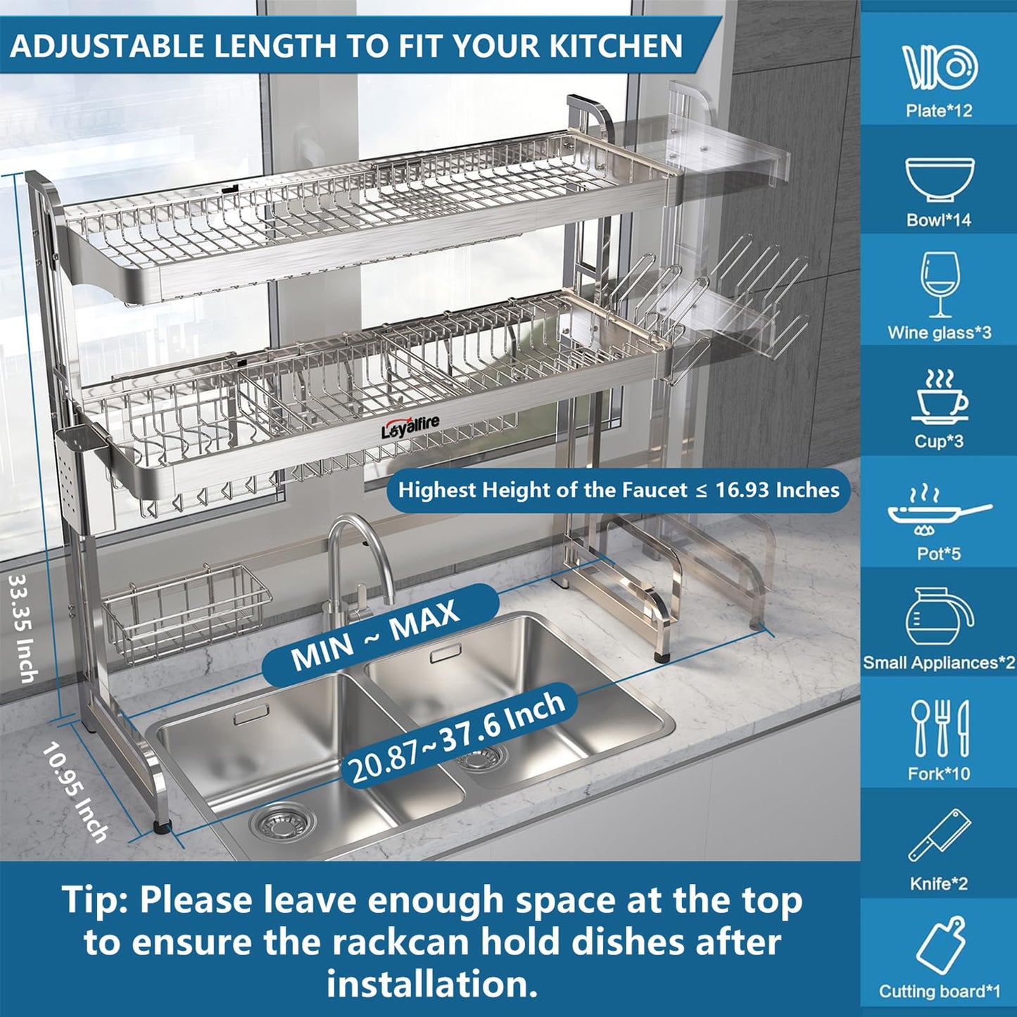 Loyalfire Over Sink Dish Drying Rack, 3 Tier Adjustable Length (20.87'' to 37.6'') Full Stainless Steel Large Storage Kitchen Dish Rack, Expandable Drainer Shelf Rack with Multifunctional Organizers