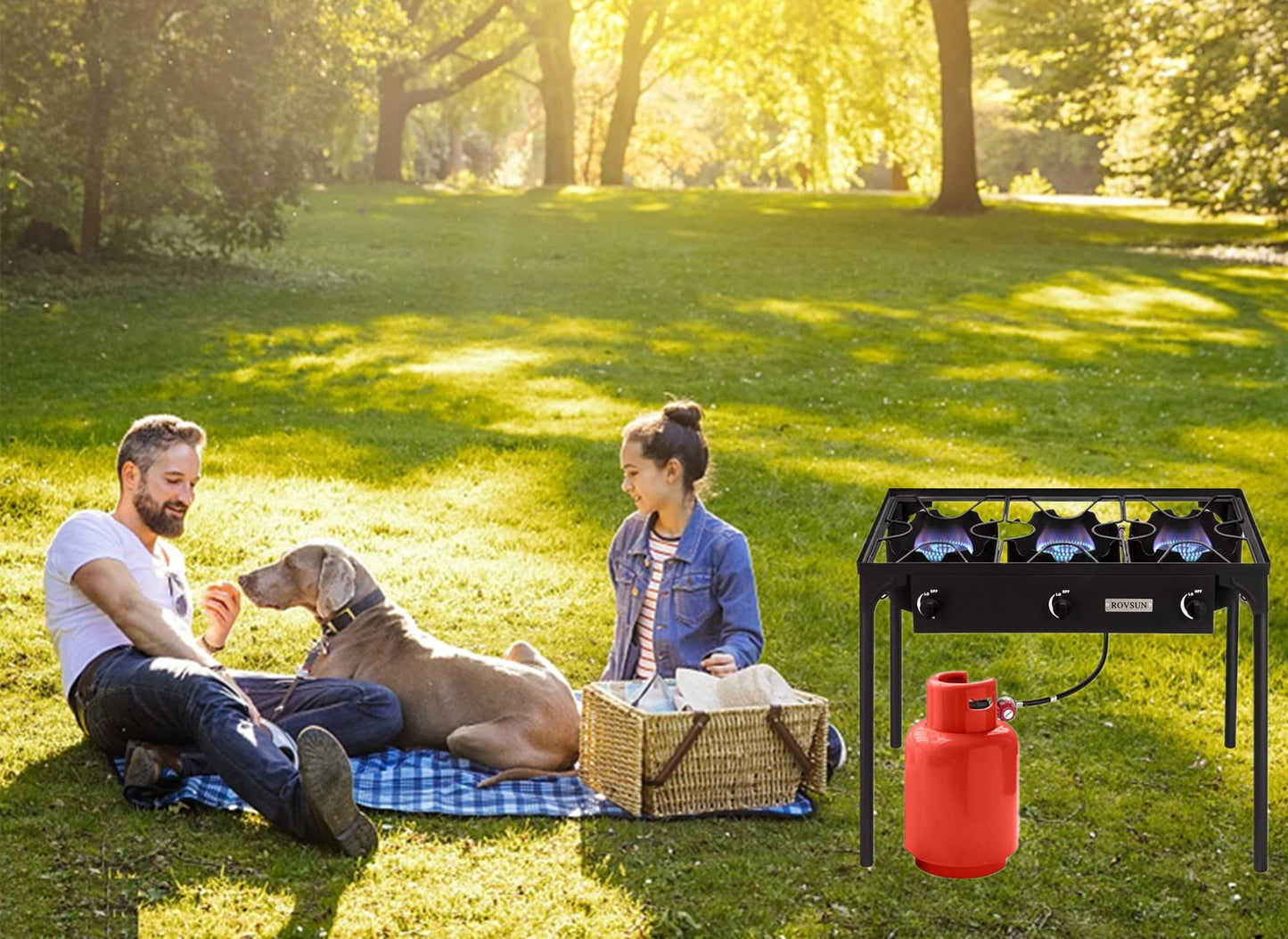 ROVSUN 3 Burner Outdoor Propane Gas Stove with Regulator, High Pressure 225,000 BTU Stand Cooker for Backyard Cooking Camping Home Brewing Canning Turkey Frying