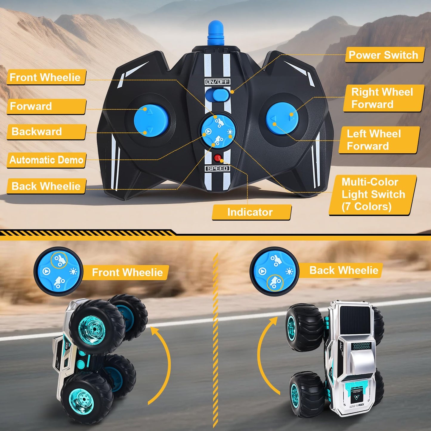 CARRTAN Waterproof Amphibious Remote Control Truck for Kids, Gyroscope Self-Balancing Monster Truck with Wheelie Stunts, LED Lights, All-Terrain RC Car for Boys Girls Ages 6–12, Outdoor Pool Toy Gift