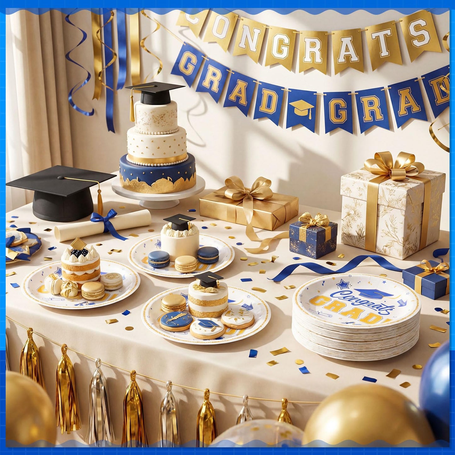 Sabary Blue White Gold 100 Pcs Graduation Paper Plates 2026 7 Inch Graduation Party Supplies Class of 2026 Decorations Congrats Grad Plates Disposable Plate Tableware (Classic)