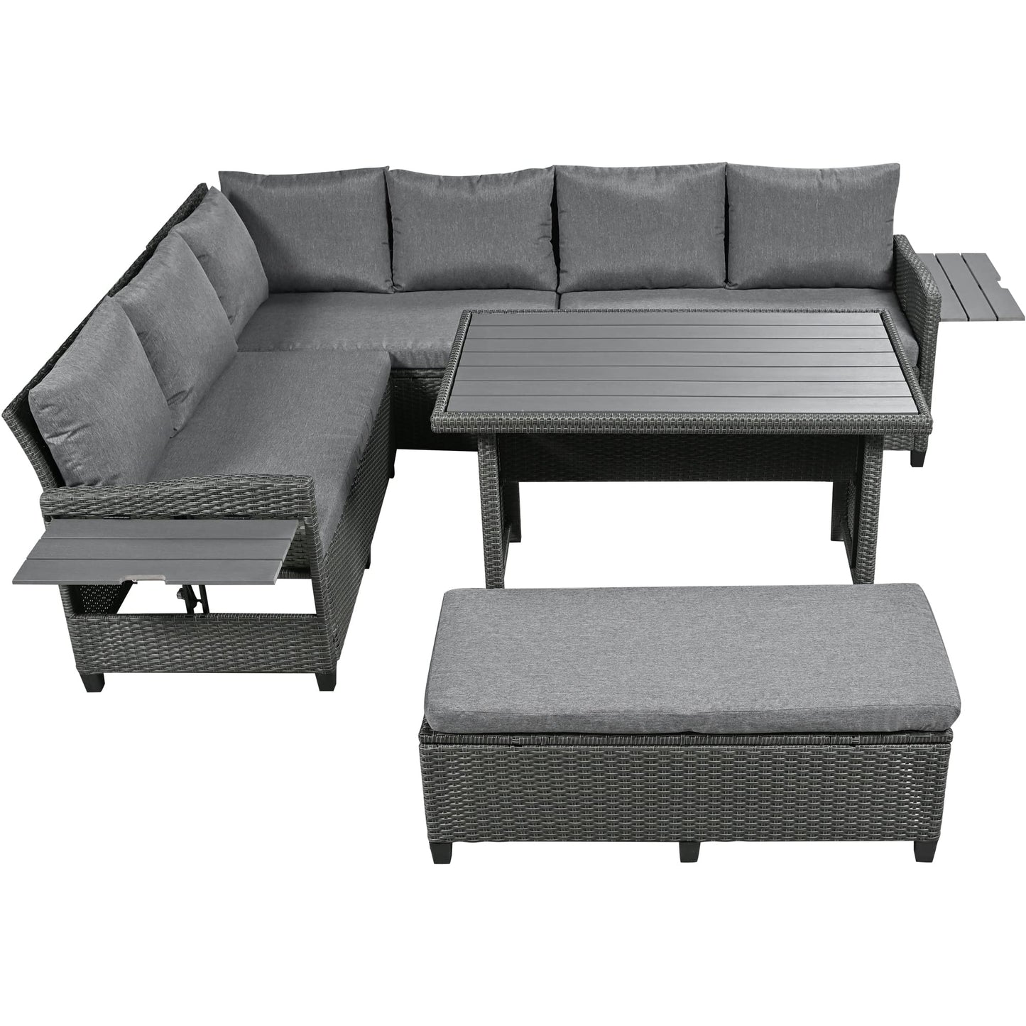 Merax Patio Furniture Sets Outdoor, All Weather Sectional PE Rattan Sofa with 2 Extendable Side Tables, Dining Table and Bench, Grey