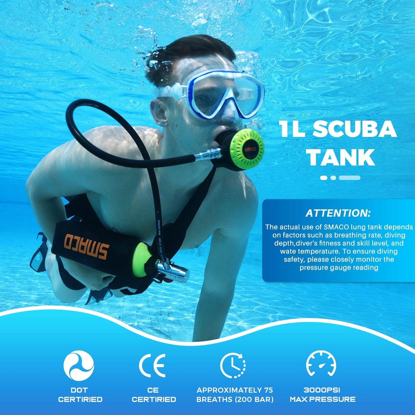 SMACO Mini Scuba Tank 1L Portable Diving Tank for Snorkeling, Emergency Rescue DOT Certified Lung Air Tank for Air Supply Compact & Lightweight Pony Bottle S400