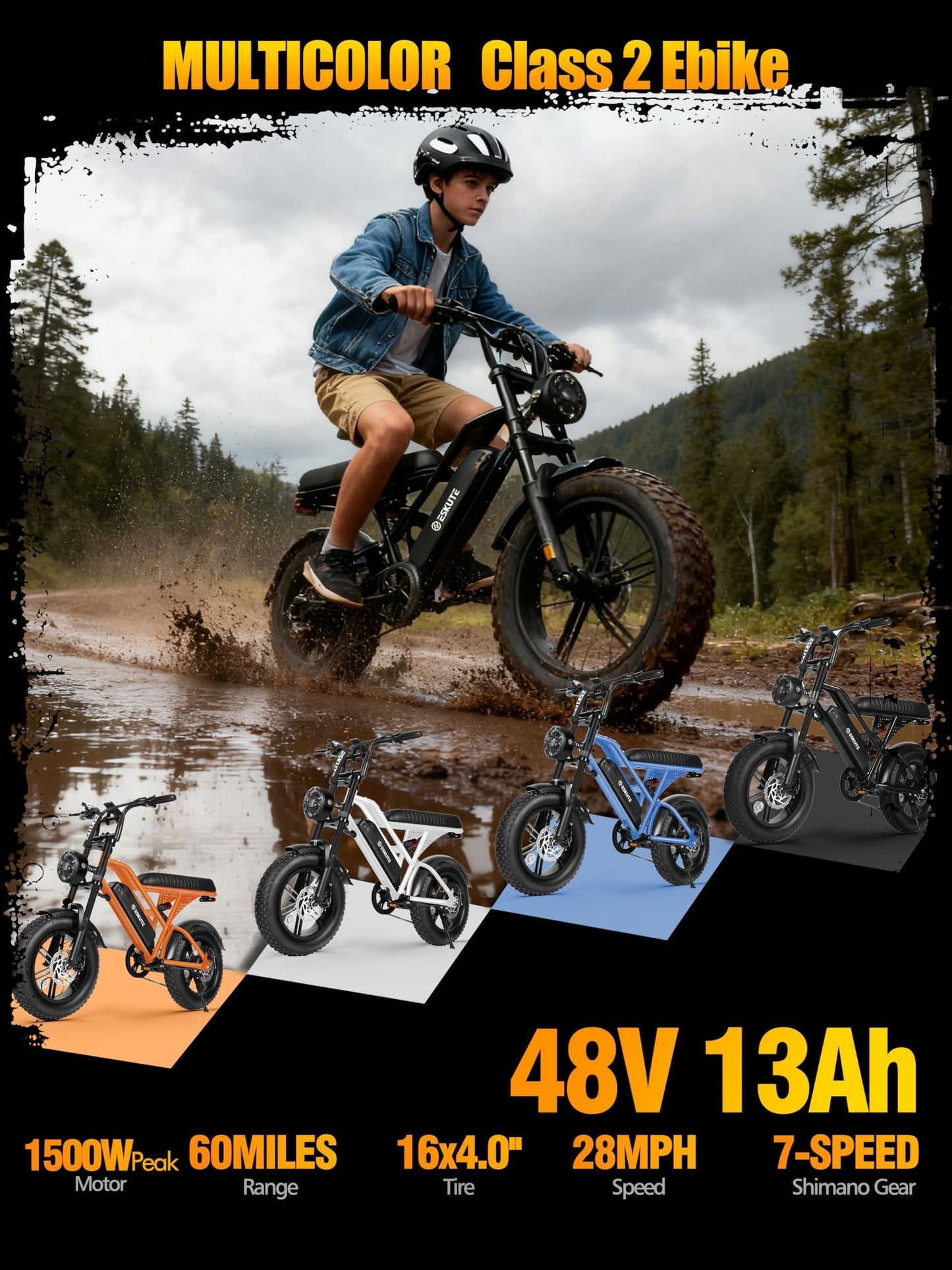 Elecby V100 1500W Peak Electric Bike for Adults, 28MPH 48V 13Ah Removable Battery, 60 Mile Range, 16"x4.0" Fat Tire, 7-Speed E-Bike with Dual Suspension ā Commuter Ebike for Men & Women