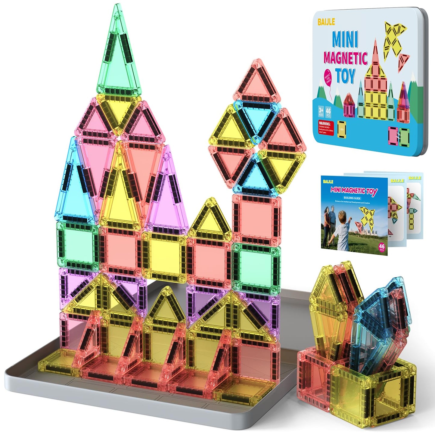 BAIJLE 46PCS Mini Magnetic Tiles, for Kids, Portable Magnetic Toys Travel Set with Iron Case for Kids Ages 4-8,Creativity Boosting Building Toys Set,Toddler Puzzle for Boys and Girls Ages 3+