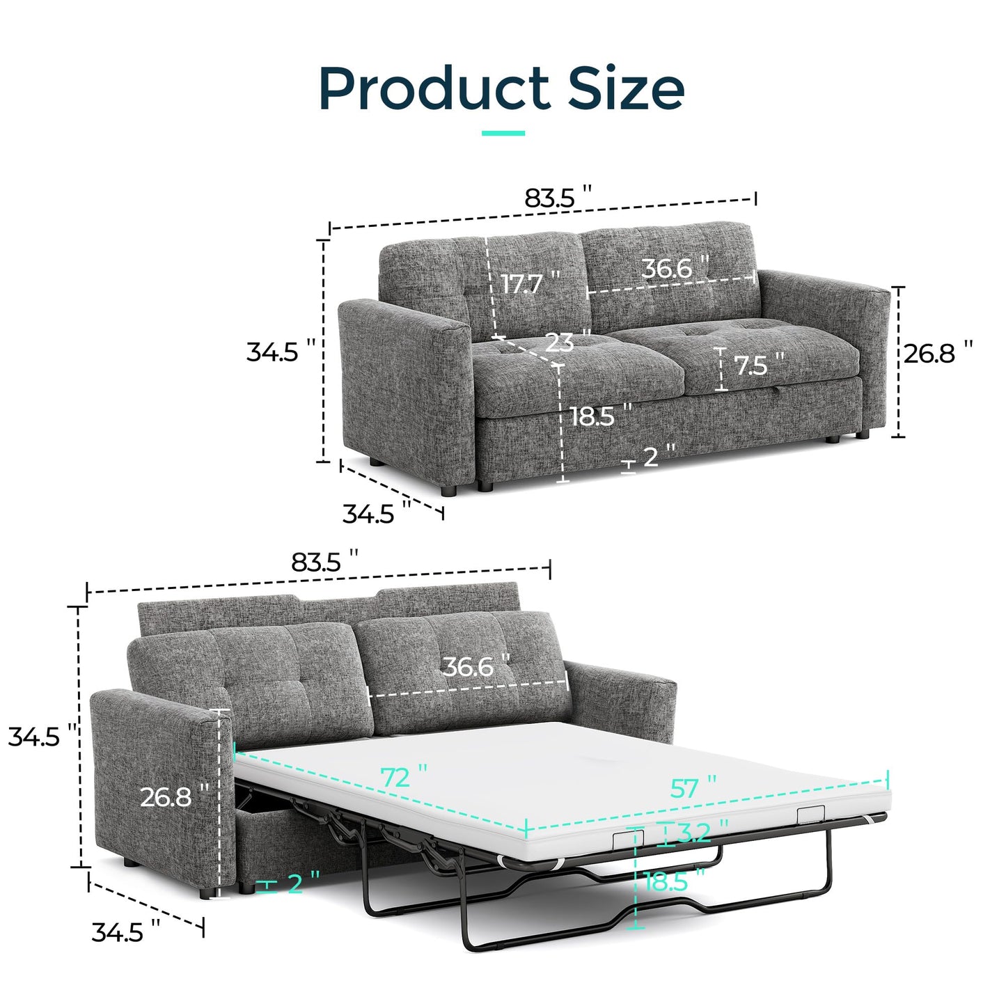 LINSY 84" Oversized Loveseat Sofa with Pull Out Bed, 2 Seater Sleeper Sofa Bed with Memory Foam Topper, Cozy Chenille Convertible Couch for Living Room, Apartment, Grey