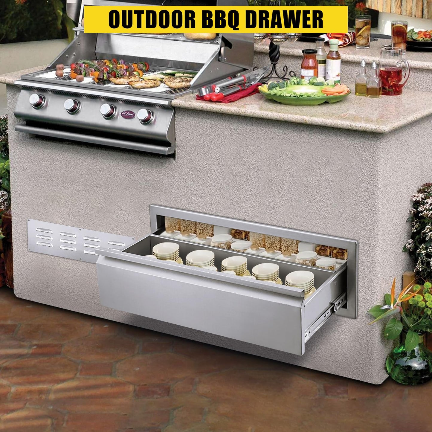 GarveeLife Outdoor Kitchen Drawers - Stainless Steel Flush Mount Triple Access BBQ Drawers, with Divider, Venting Panel for BBQ Island Patio Grill Station, 30Wx23Dx10H inch