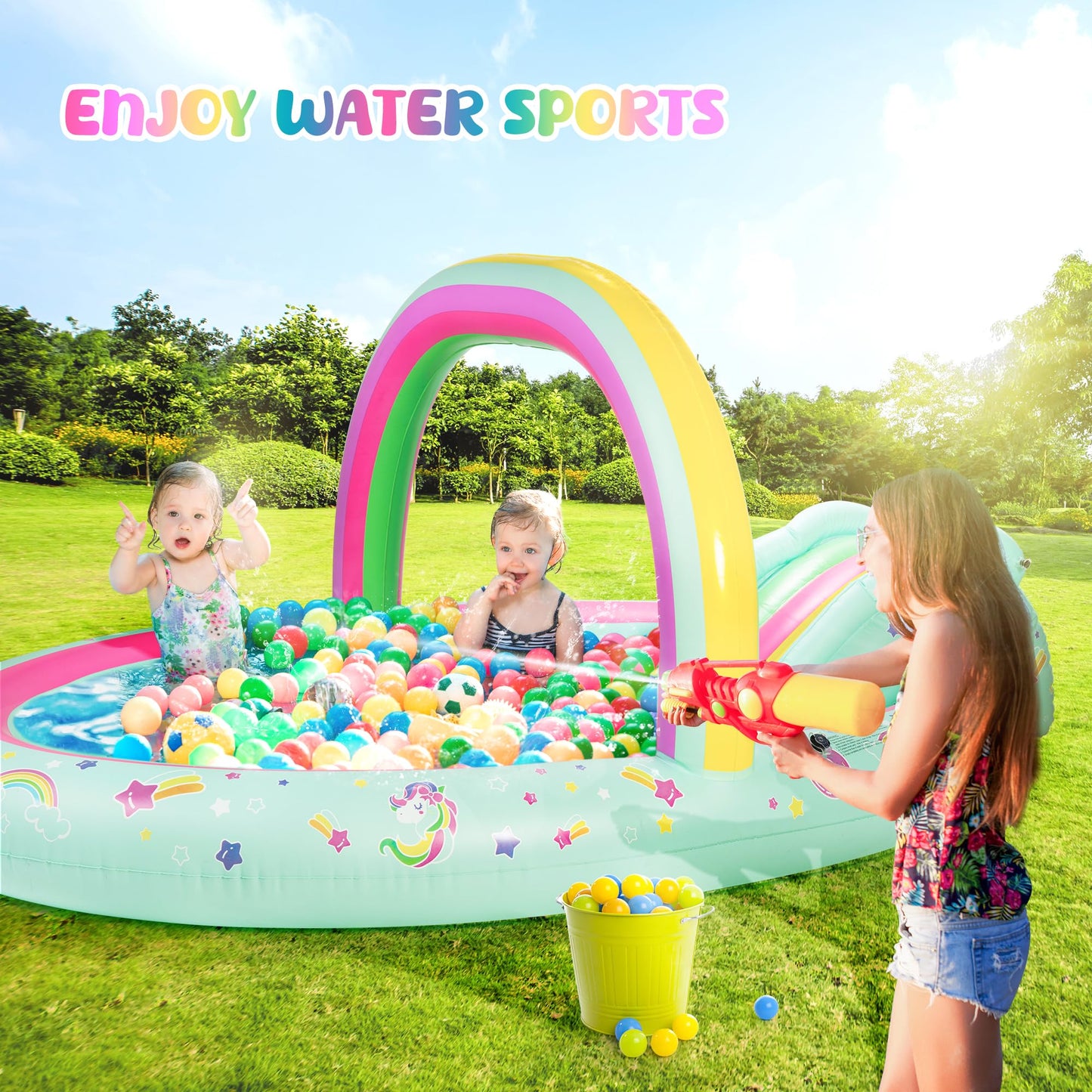 SULIFEEL Rainbow Unicorn Inflatable Play Center Kiddie Pool with Slide and Sprinkler for Children, 96''x59''x39''in Baby Pool for Backyard and Garden