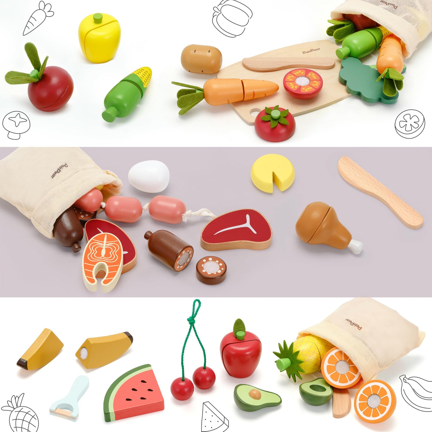 PairPear Wooden Toys Play Food Sets for Kids Kitchen, Kids Toy Food Cutting Meat Set for Toddlers 3+ Years Old, Pretend Food Play Kitchen Accessories for Girls and Boys