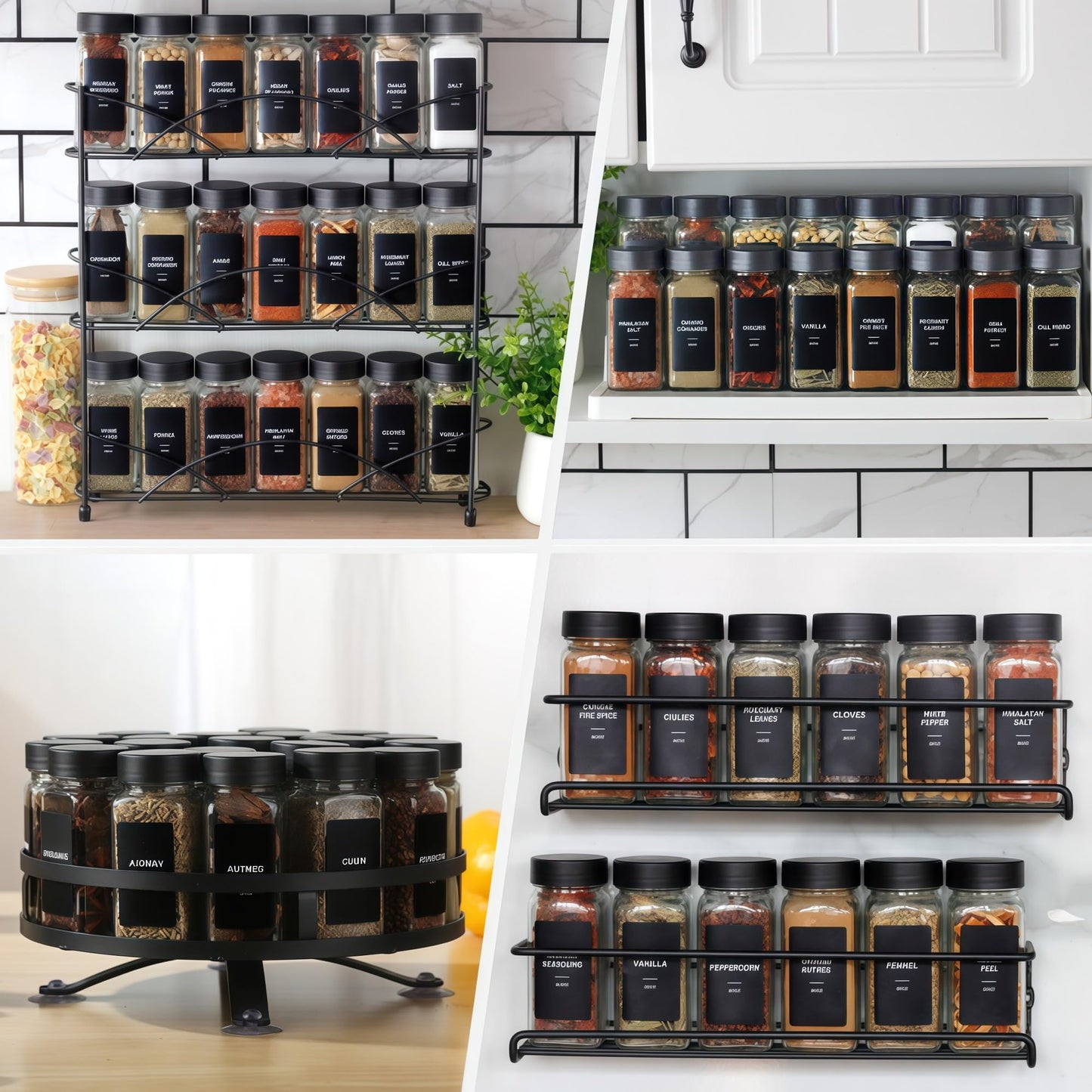 JARXSUN 24Pcs Spice Jars Containers with Labels,4oz Black Seasoning Bottles with Shaker Lids for Rack, Cabinet, Drawer,Empty Square Condiment Pots (24, Black)