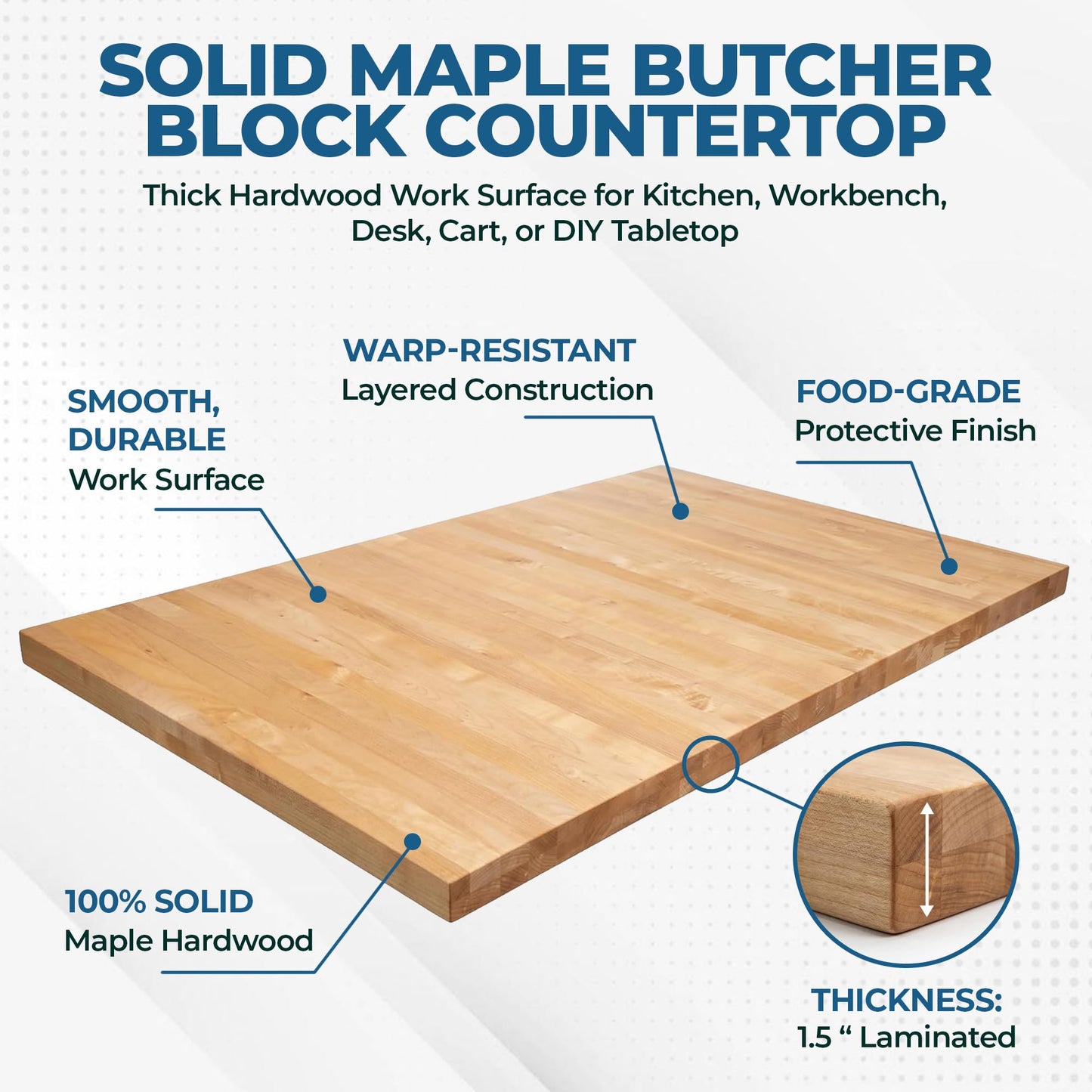 Express KitchQuip Solid Maple Butcher Block Countertop - 1.5” Thick Hardwood Work Surface for Kitchen, Workbench, Desk, Cart, or DIY Tabletop (48"L x 24"W)