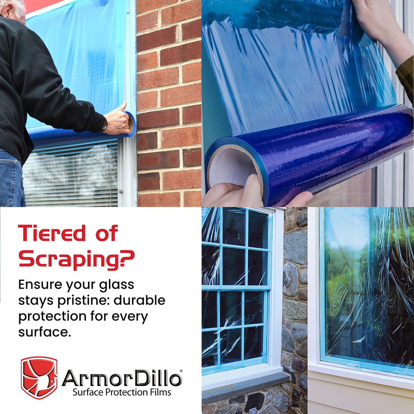 ArmorDillo Blue Window Protection Film| 29.96/Roll (5 Rolls/case,1 case), 24" x200'. Temporary Self-Adhesive Glass Cover, Masking, 45-Day UV-Resistant, Window & Surface Protection| Construction Wrap