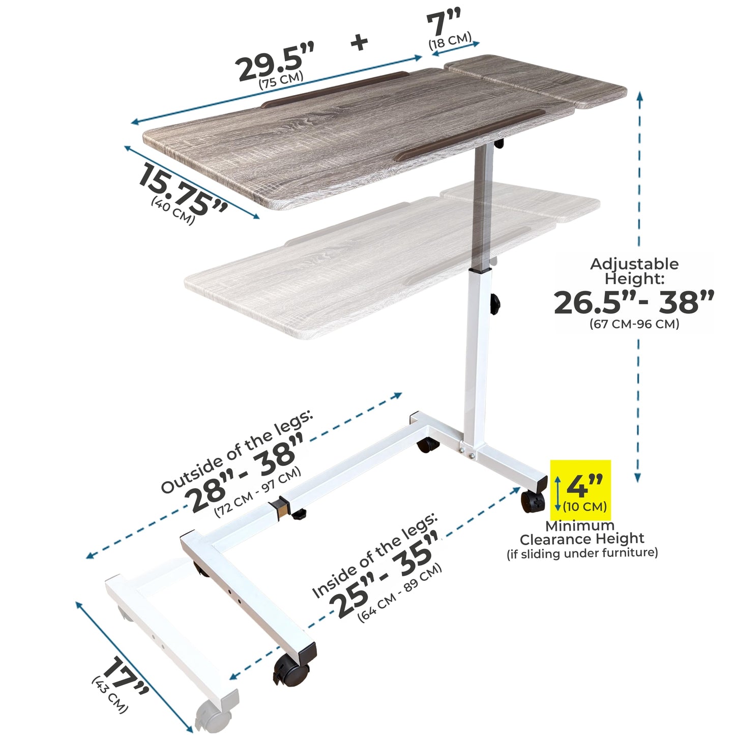 Sigmade Recliner Table, Over The Bed Table with Wheels, Adjustable Width & Height, with Split Tilt Design & 4 Caster Wheels with Brakes (White Base & Wood Grain Tabletop)