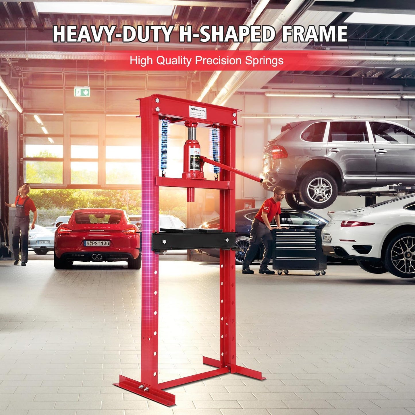 12 T Hydraulic Shop Press, H-Frame, 8-Hold Adjustable Height, with Movable Plates and Dust Cover, for Garage or Professional Users, Red