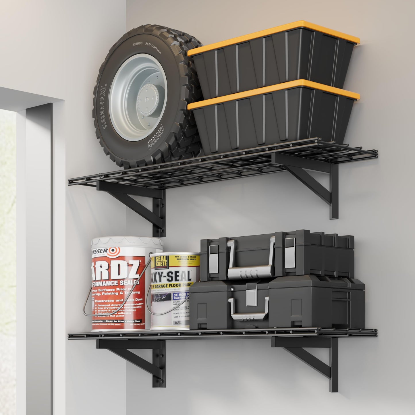 Jusgym 4X8FT Overhead Garage Storage Rack and 2 Pack Heavy Duty Garage Wall Shelving Set (1x4ft)