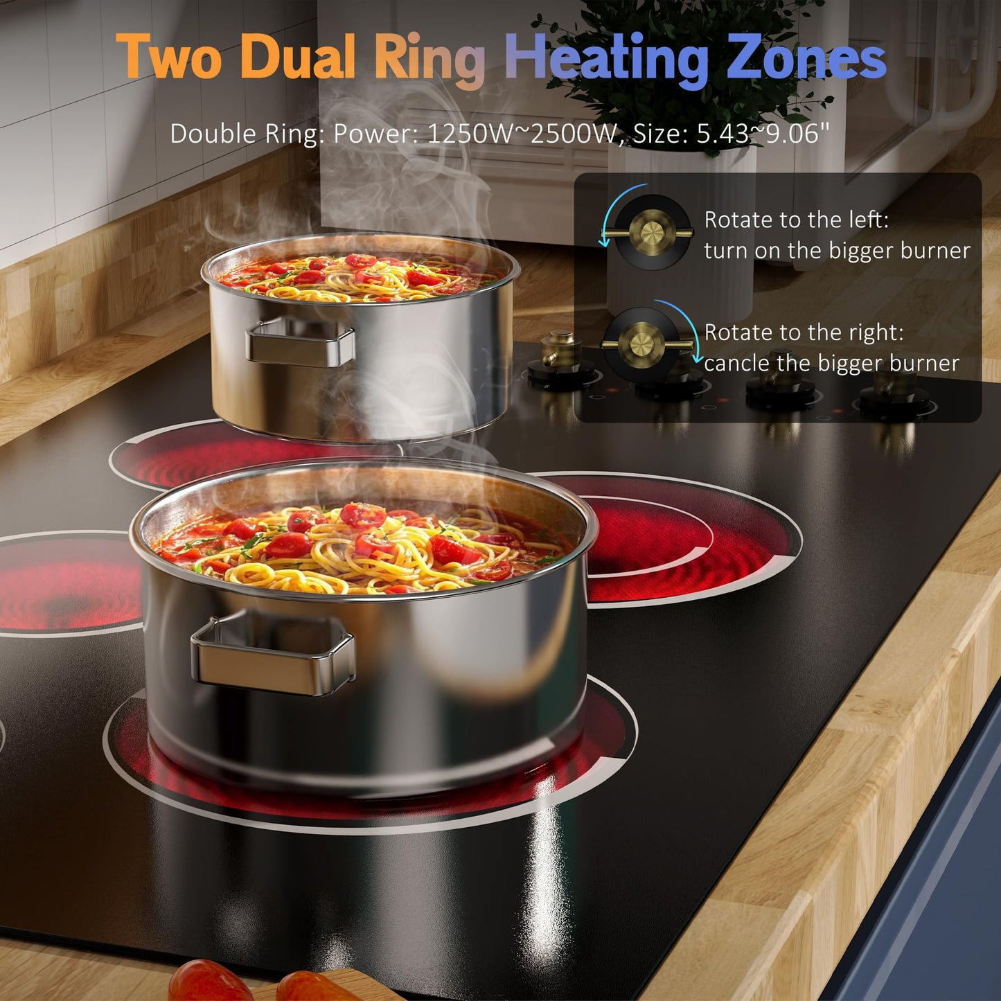 Jessier Electric Cooktop 36 Inch - Drop-in(34.25"x19.3") 5 Burner Electric Stove Top 8400W High Power, 36" Ceramic Cooktop Stove with Knob Touch, Dual Ring, Overheat Protection, 220-240V Hard Wired
