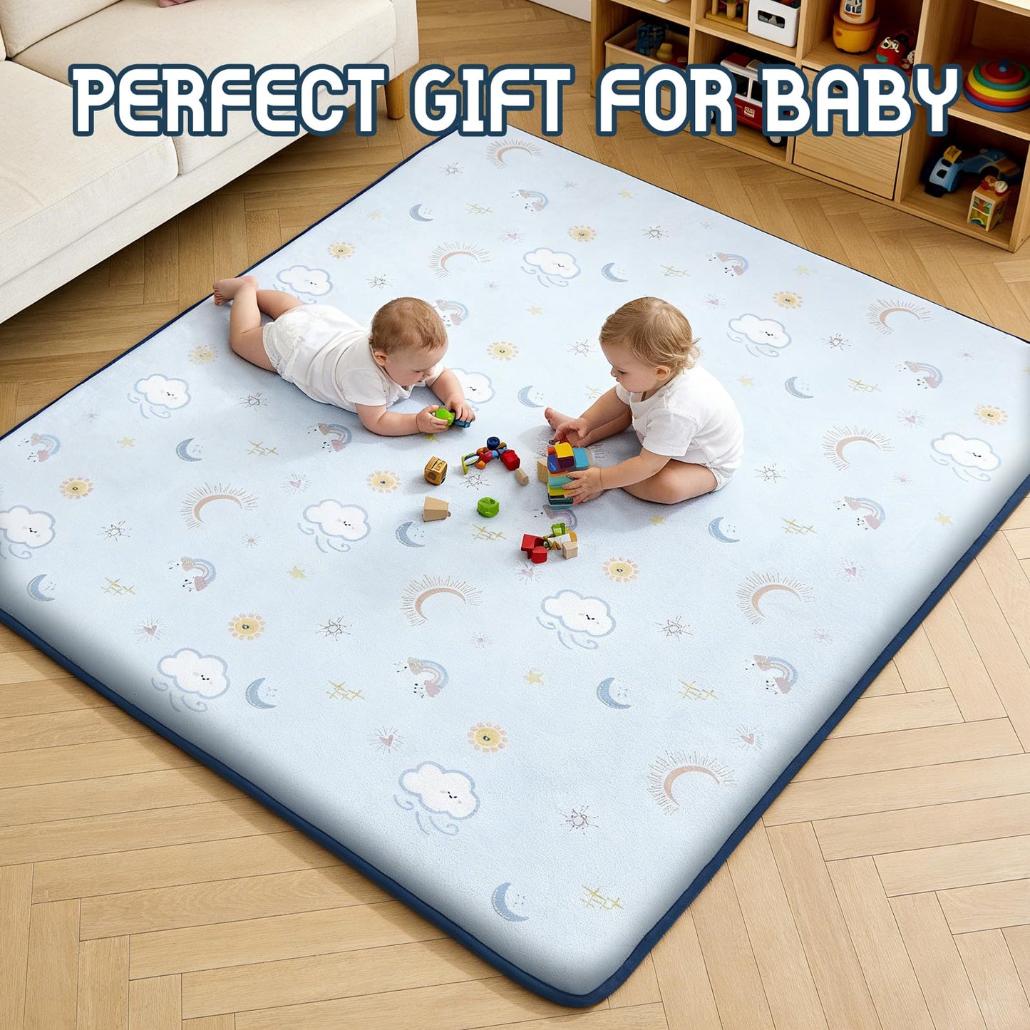 TreeBud Baby Play Mat for Floor, 1.3-Inch Thickened Foam Soft Padded Playmat for Tummy Time, 71x79 Water-Repellent Coral Velvet Playpen Mat for Toddlers Infant Kids, Sky Theme