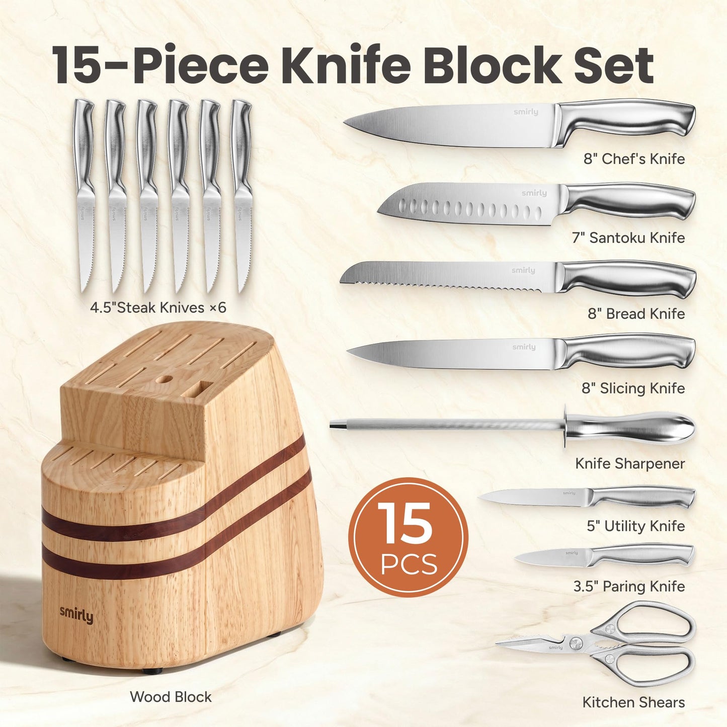 SMIRLY Knife Set - 15 Pieces Knives Set for Kitchen with Block and Sharpener - Stainless Steel Knife Set with Anti-Slip Ergonomic Handle for Steak Bread, Dishwasher Safe, House Warming Kitchen Gifts