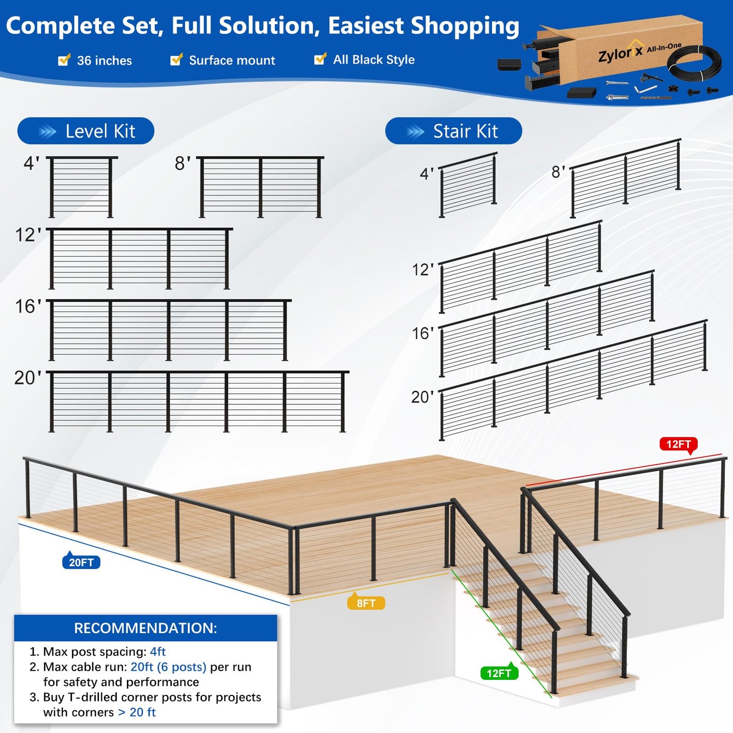 Zylorix 8ft-12ft Complete Set Cable Railing System 36" with Cuttable Handrail DIY Cable Rail, Black T304 Stainless Steel Cable Railing Posts Kit, One-Stop Easier for DIY for Indoor Outdoor Level Decks