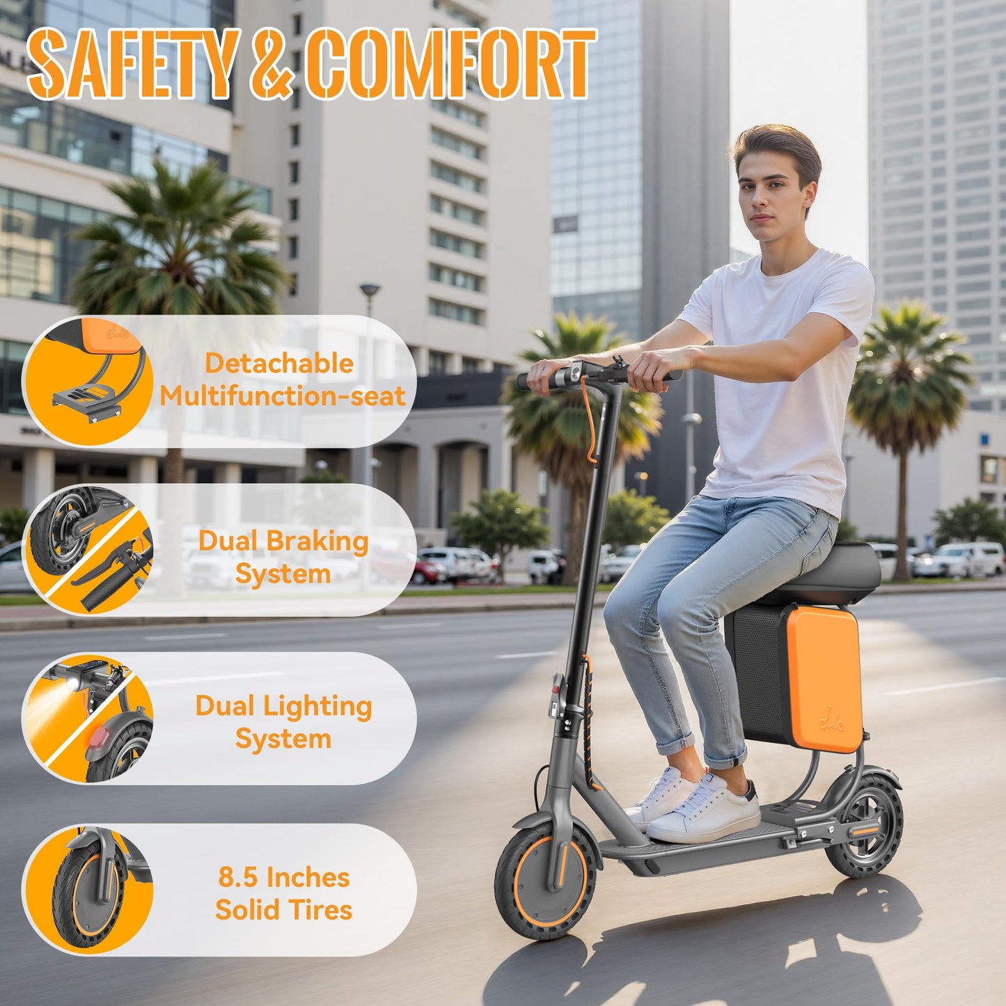 Aovowheel Electric Scooter for Adults, Folding E Scooter with 350W Motor 19 Mph Top Speed, Max 23 Miles Long Range, 8.5'' Solid Tires Commuting Scooters with Dual Brakes System, APP
