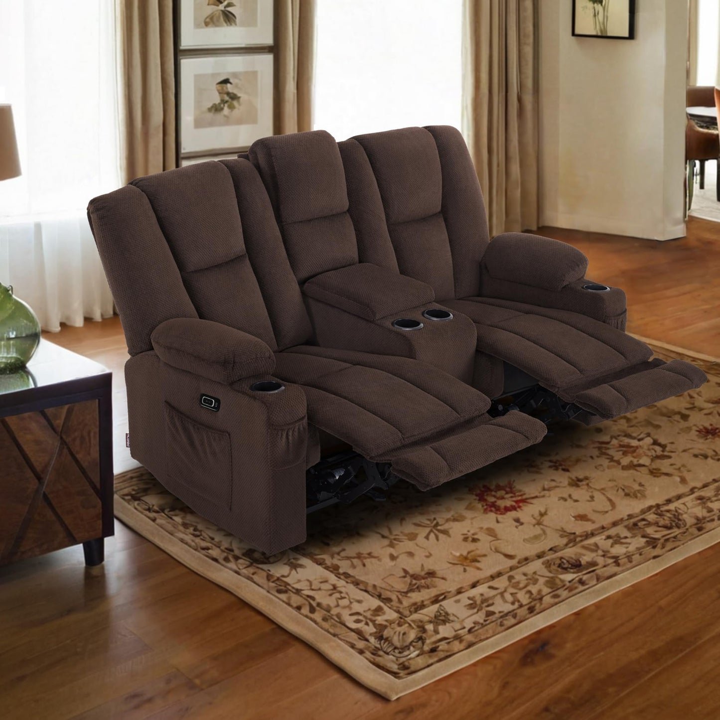 MCombo Zero Gravity Power Loveseat Sofa with Console, Heat and Massage, Reclining Loveseat for Living Room, Fabric 6035SET (Brown, Loveseat with Console)
