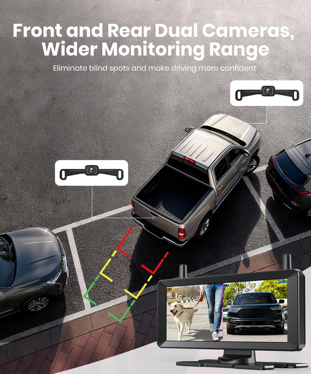 AUTO-VOX 2 Wireless Backup Camera: 7.2" USB-Powered Dual Split-Screen 1080P HD Monitor with DVR Recording, Front and Rear Coverage, Stable Signal, Back Up Camera for Pickup, Trailer, SUV