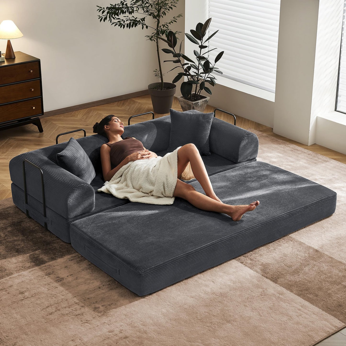 SAVENICA 79" Floor Sofa Bed, 5-in-1 Convertible Sleeper Sofa with Removable Armrests, Corduroy Fabric Sofa Couch, No Assembly Required for Living Room, Dorm, Studio (Dark Gray)
