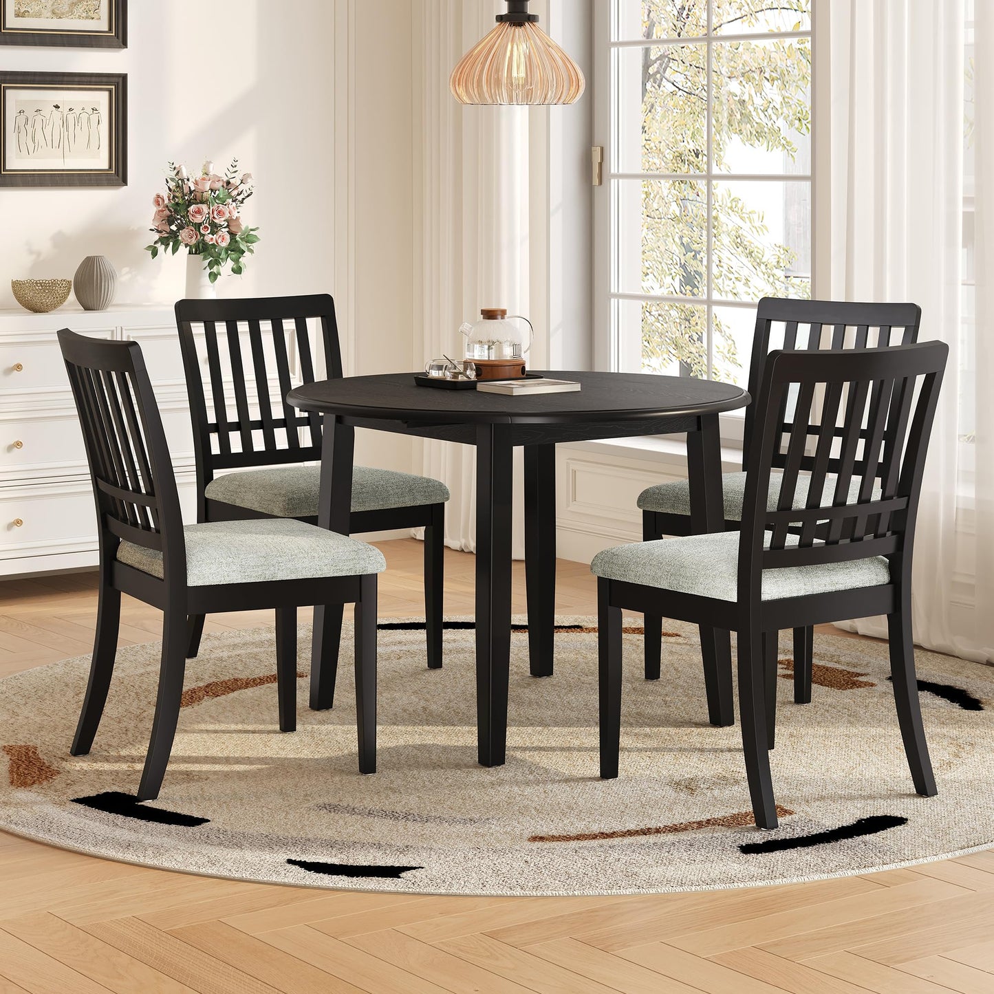 P PURLOVE 5 Piece Round Dining Set for 4, 1 Folding Wood Table and 4 Upholstered Chairs for Small Spaces, Apartments, Space-Saving Design (Black)