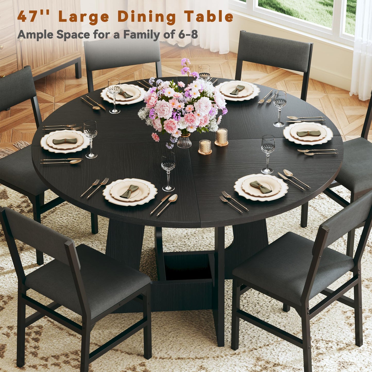 HUAHUU Round Dining Table Set for 6, 7-Piece Kitchen Table and Chairs for 6, 47'' Round Dining Room Table Set with 6 Chairs, Space Saving Dining Table with Wood Base for Kitchen, Living Room, Black
