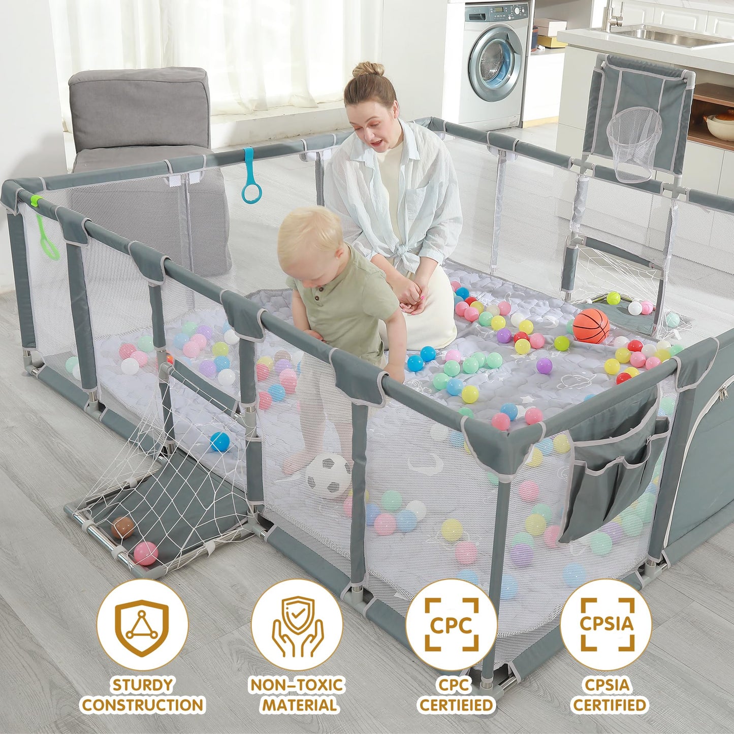 XNWQL Baby playpen, 79"x71"Baby Playpen with Mat Indoor&Outdoor Playpen for Babies and Toddlers with Breathable Play Pen with Ocean Balls Hanging Pocket Basketball Hoop and Football Goal