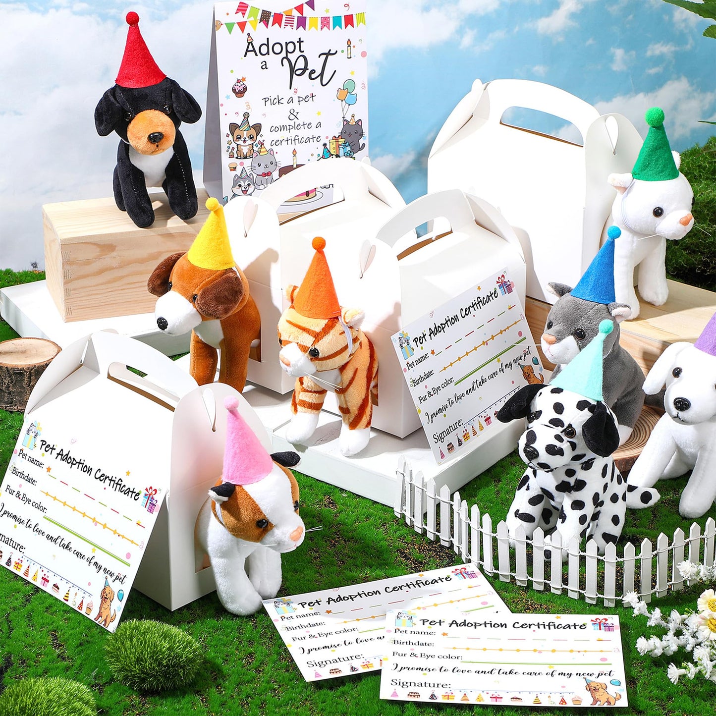 HyDren 33 Pcs Adopt Party Favors Include Adoption Sign Animal Adoption Plush Certificate Pet Stuffed Birthday Hats Paper Boxes White for Adopt an Animal(4 Cat 4 Dog)
