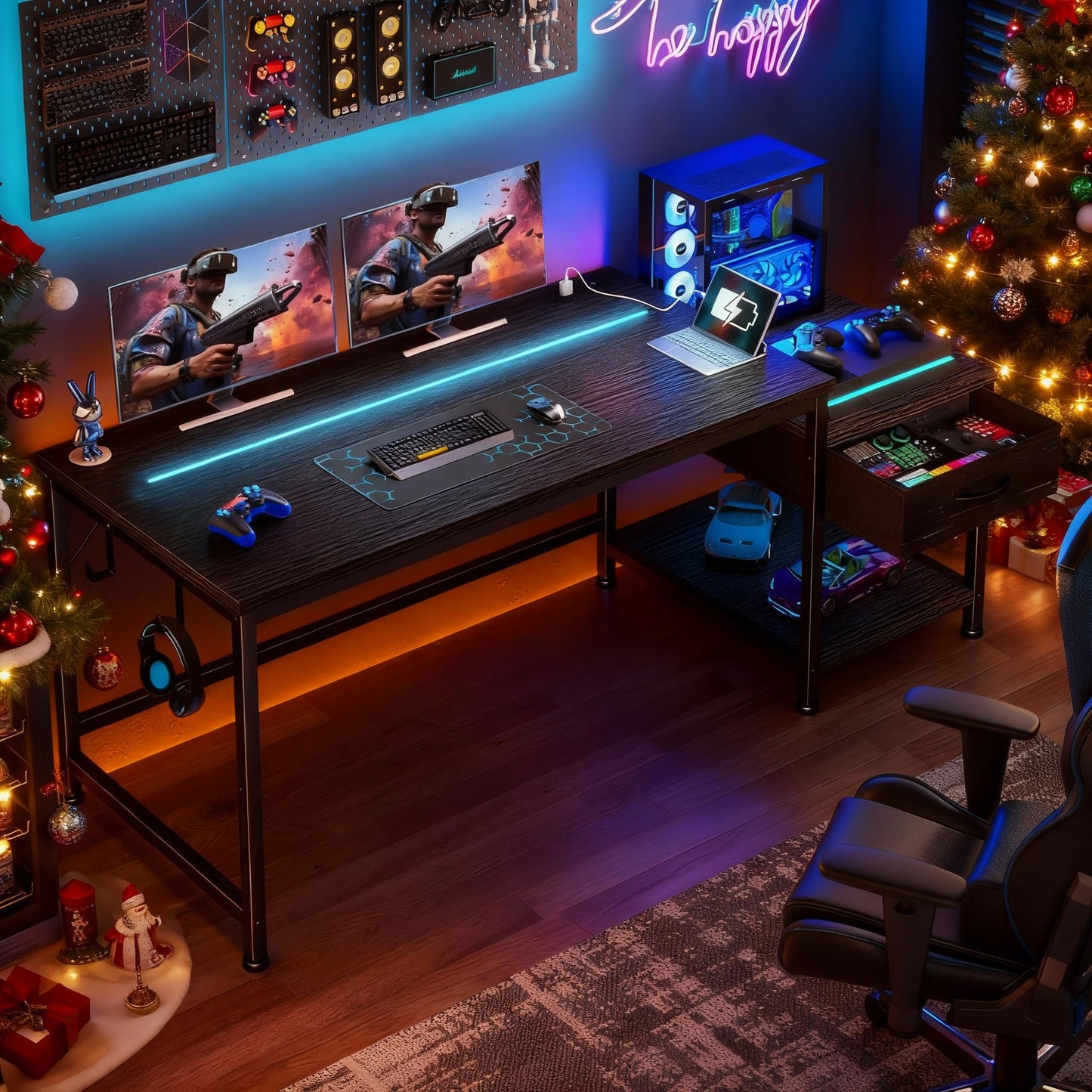 DurayLoly 56 Inch Gaming Desk with Drawers and Shelf,Reversible Computer Desk with LED Lights and Power Outlets,Study Table with Hooks for Headphone,Bags,Black Desk Work Desk for Bedroom,Dorm