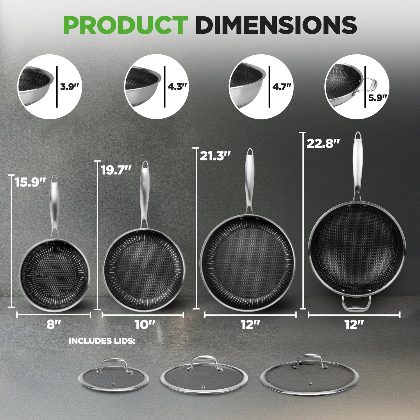NutriChef 7-Piece Tri-Ply Stainless Steel Frying Pan Set & Wok – Nonstick, Induction Compatible, Oven Safe, Scratch-Resistant, Dishwasher Safe