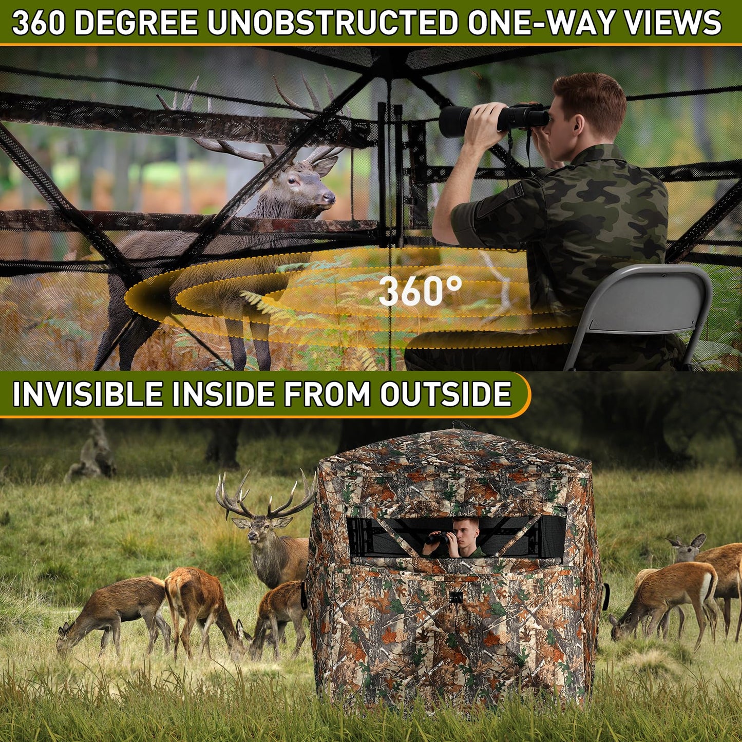 TLC Sport Hunting Blind with Carrying Bag, 360 Degree See Through Ground Blind, Pop Up Hunting Blind, Portable Concealed Camouflage Hunting Tent for 3-4 Person, Camouflage