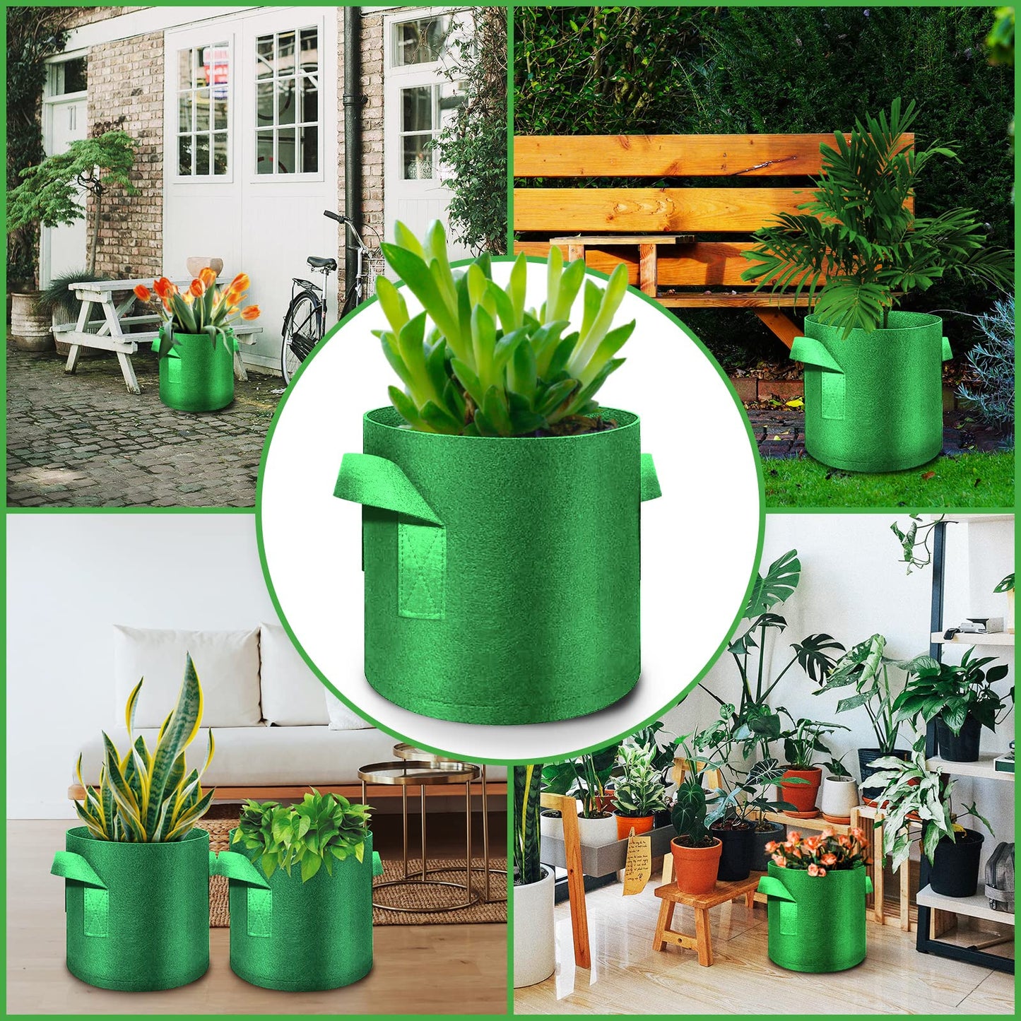 FineGearPow 5-Pack 15 Gallon Grow Bags Heavy Duty Thickened Nonwoven Fabric Pots with Handles, Plant Grow Bags for Vegetables/Flower/Plant/Fruits, Green