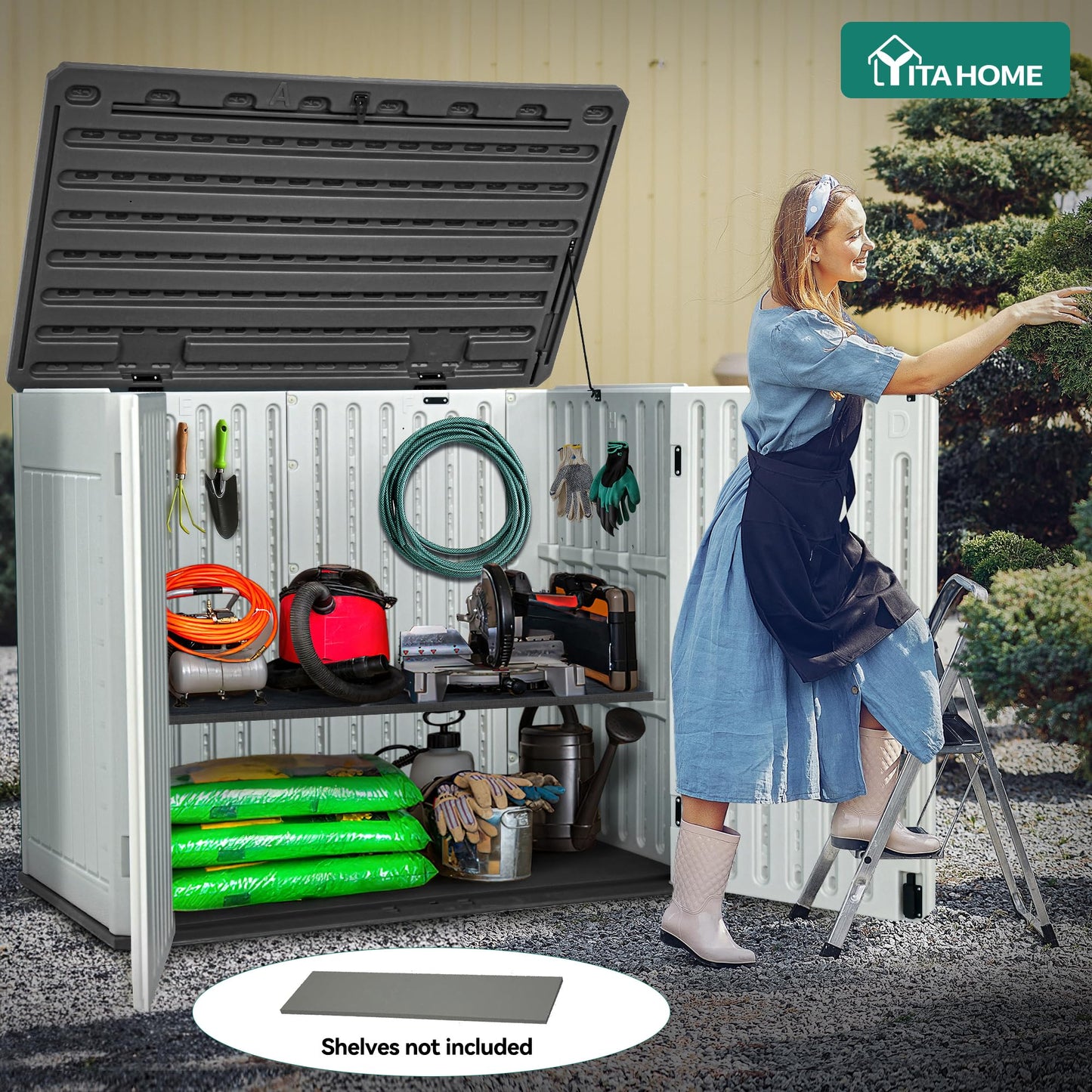 YITAHOME Extra Large Outdoor Horizontal Storage Shed, 4.5x4ft Resin Tool Sheds w/o Shelf, Easy to Assemble Waterproof Storage for Trash Cans, Garden Tools, Lawn Mower, Lockable, Light Gray