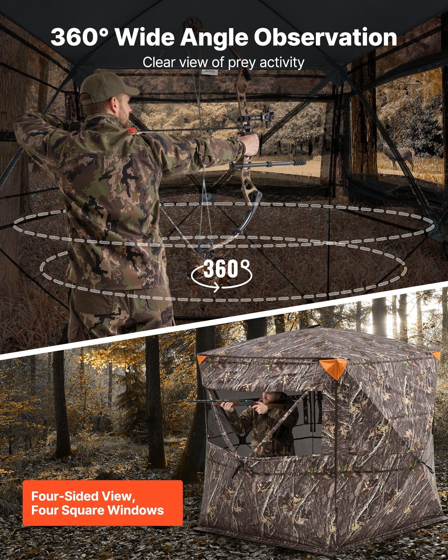 VEVOR Hunting Blind,See Through Ground Blinds with Carrying Bag, 360 Degree Portable Camouflage Tent,Durable Concealed Shelter with Silent Side Door and Window, for Turkey and Deer (4-5 Person)