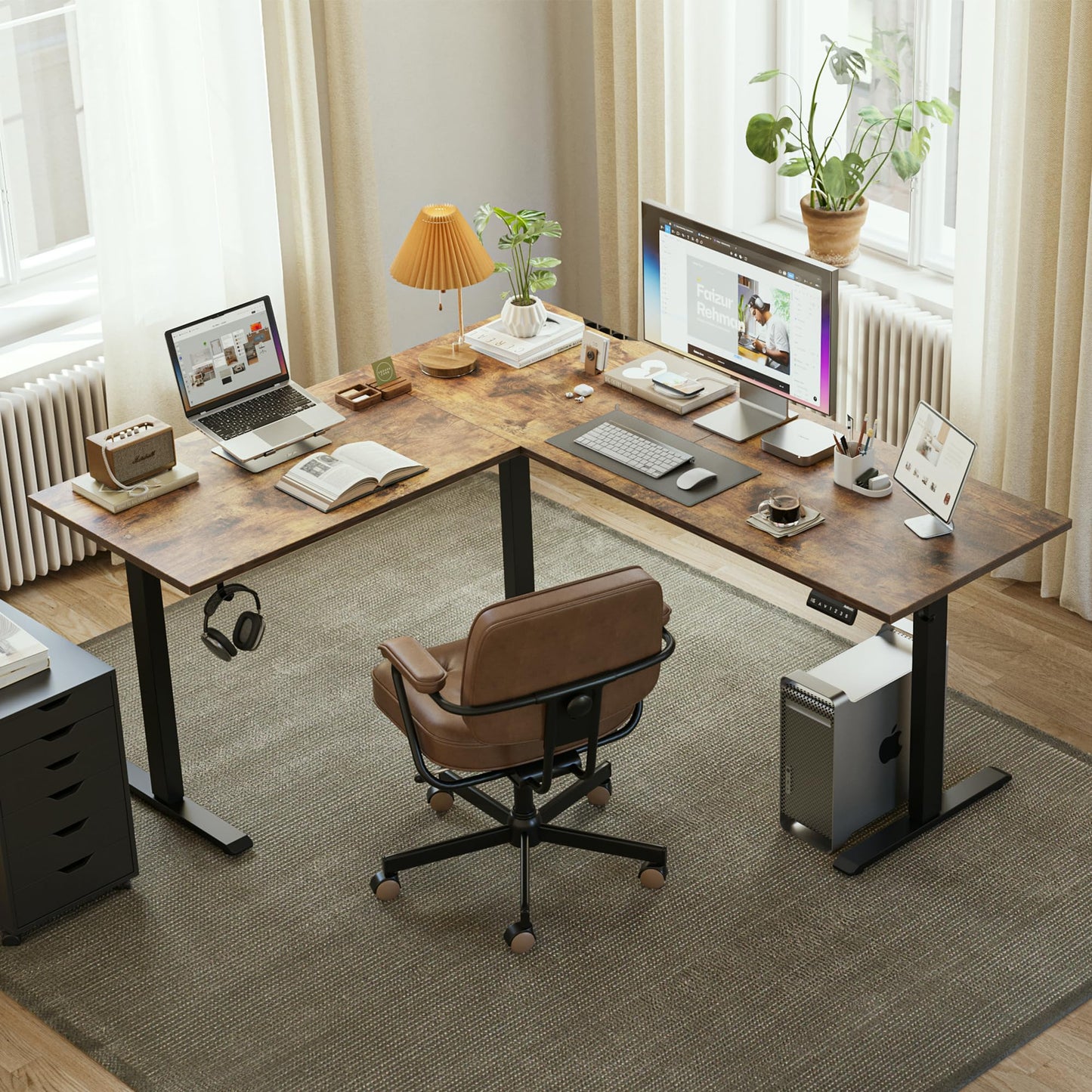 Agilestic L Shaped Standing Desk 63 x 55 inch Adjustable Height, Electric Corner Standing Desk, Sit Stand Computer Table with Splice Board, Rustic Brown