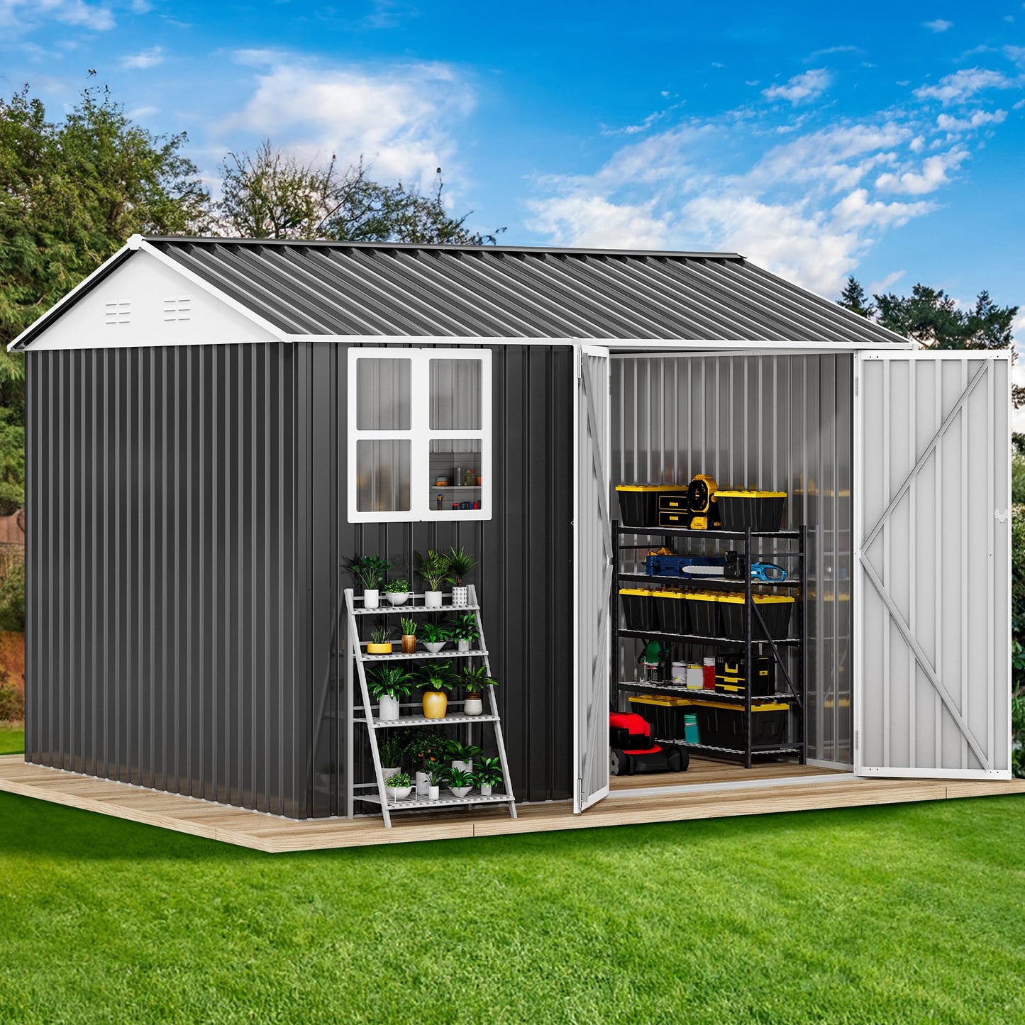 DWVO 10x8ft Large Tool Storage Shed with Window, Lockable Doors, and Sloped Roof, Oversized Steel Outdoor Storage Shed for Garden, Patio, Garage, Backyard, Lawn - Gray & White