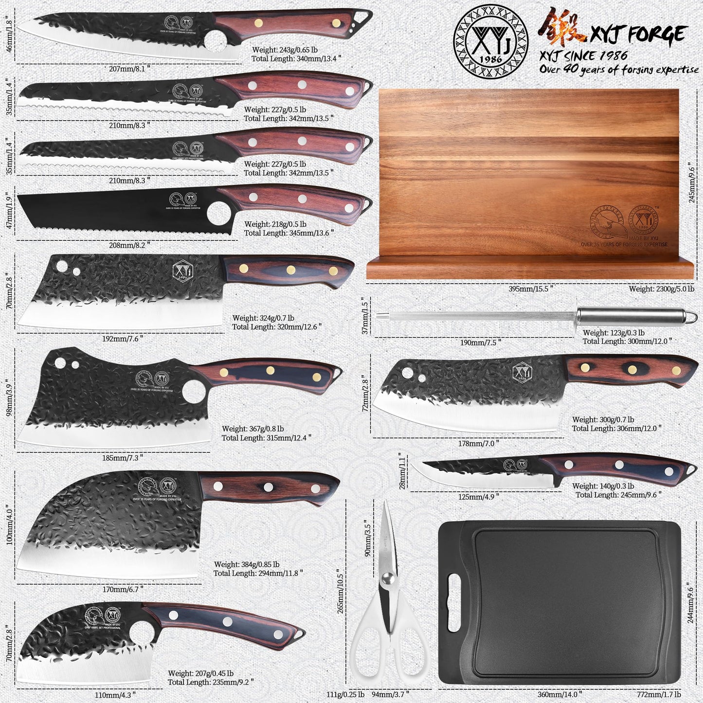 XYJ Authentic Since 1986,Knife Set with Block,Sharpening Stick,Cutting Board,Gloves,Shear,Washing Cloth,Peeler,High Carbon Steel Blades,Kitchen Knife Block Set,Bread Slicing Cutting Butcher Knives