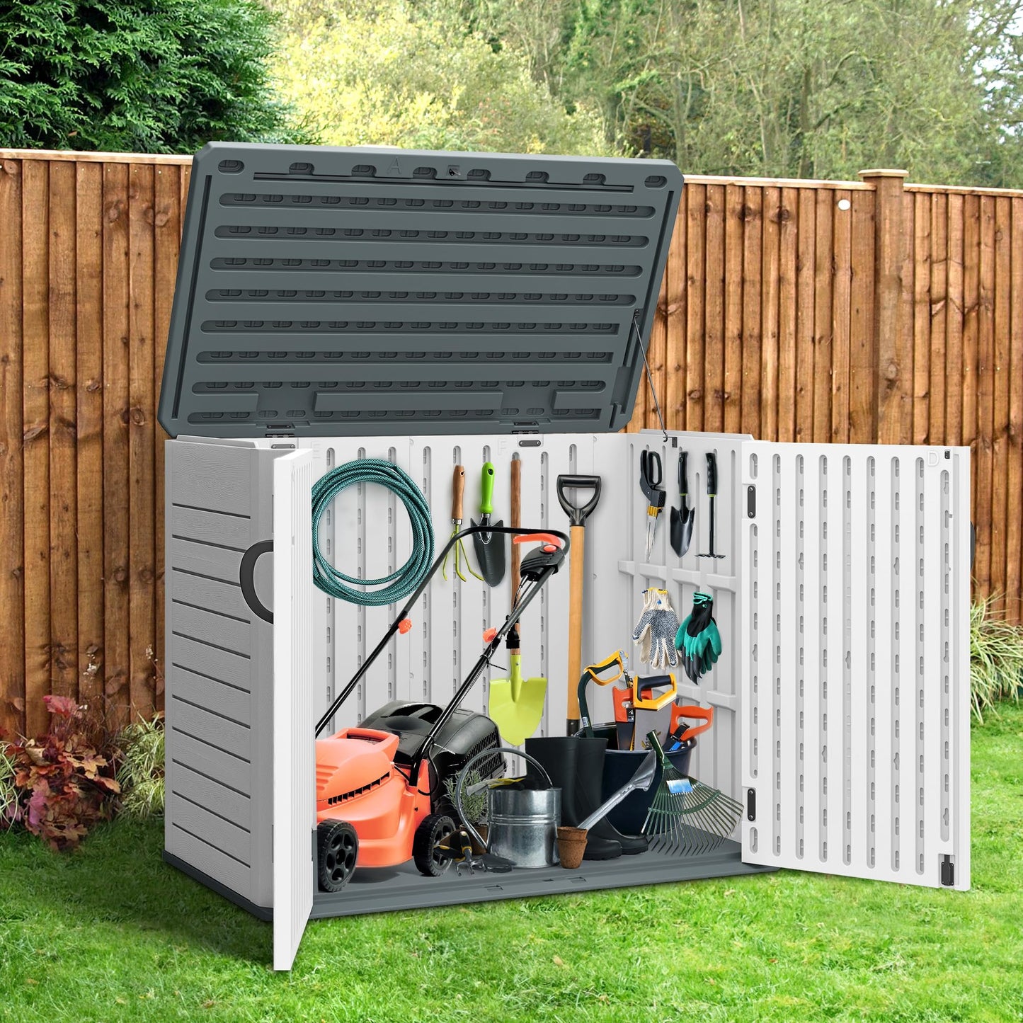 YITAHOME Outdoor Horizontal Storage Shed with X-Shaped Lockable Door, 35 Cu Ft Weatherproof Resin Tool Shed w/o Shelf, Ideal for Bike, Trash Cans, Garden Tools, Lawn Mowers, Light Gray