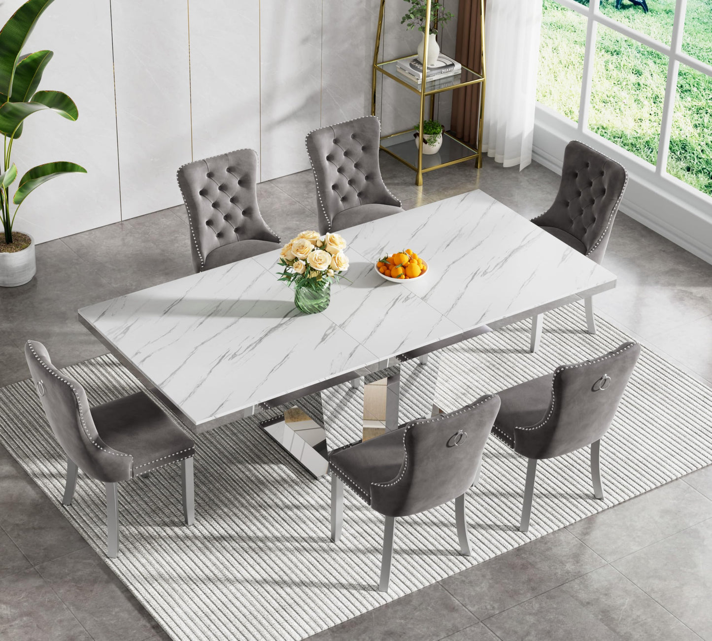 7-Piece Faux Marble Dining Table Set for 6, 63-94.5" Large Extendable Kitchen Table Set with 6 Grey Tufted Chairs, Modern Expandable Dining Room Table for 6 8 10 with Mirrored Double Column Base