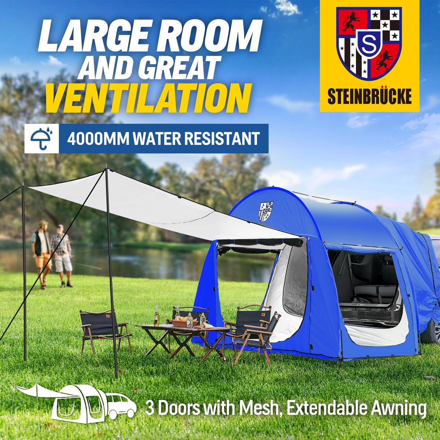Versatile SUV Camping Tent with Spacious Awning, 4000mm Waterproof Car Shelter, Sleeps Up to 4 People - Essential Camping Accessories, Easy Setup for Backpacking, Travel, Hiking, Outdoor (Blue)